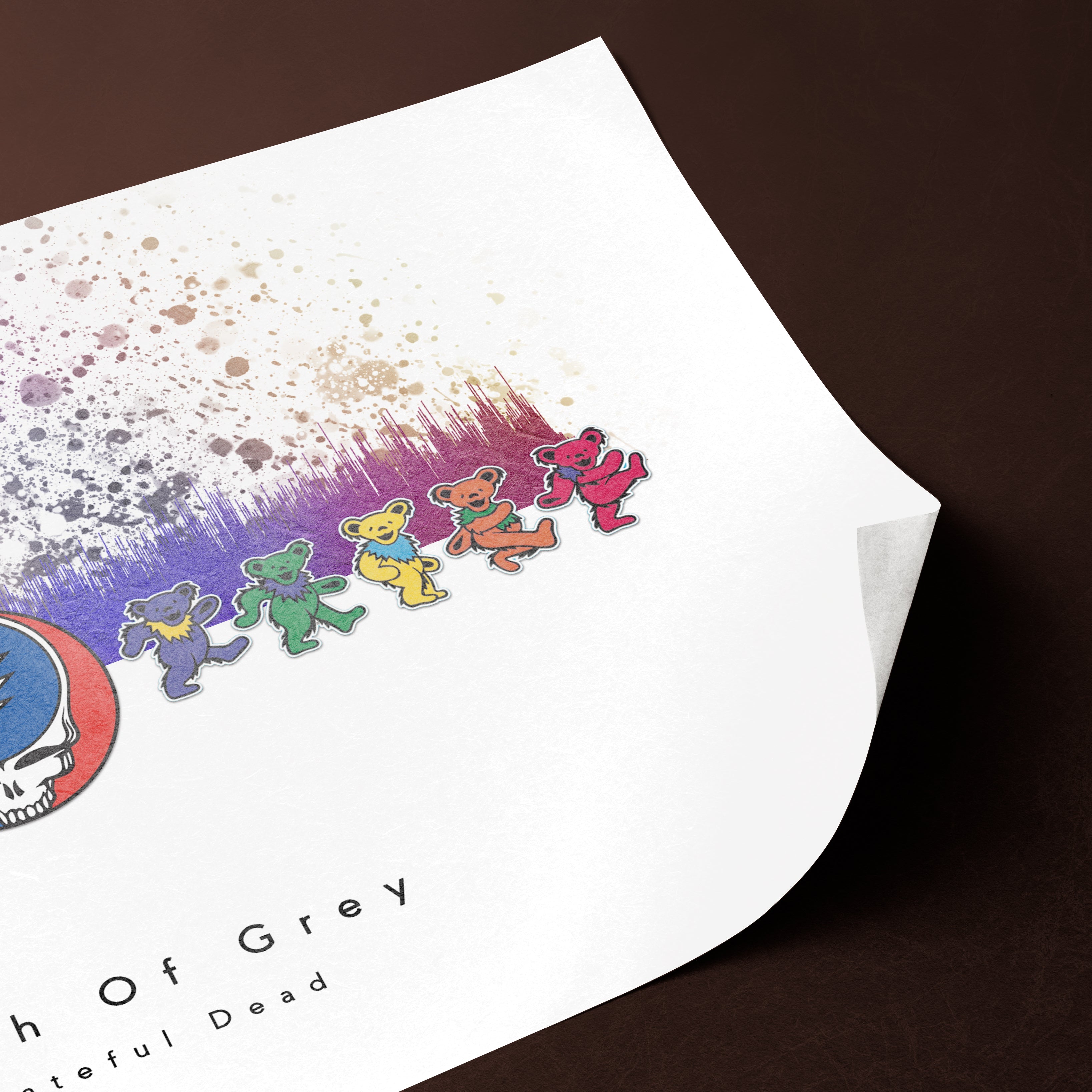 Colorful Grateful Dead bear illustrations on a white sheet of paper with a dark background.