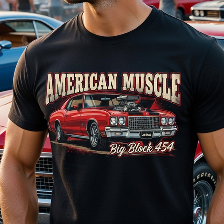 Person wearing a black t-shirt with 'American Muscle' graphic and red muscle car design.