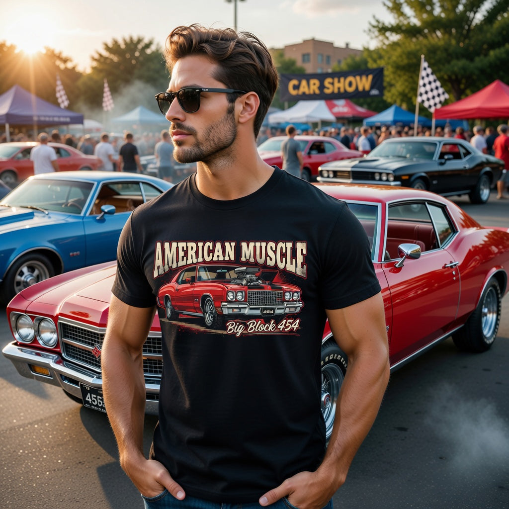 Man wearing an 'American Muscle' t-shirt at a car show with classic cars in the background.