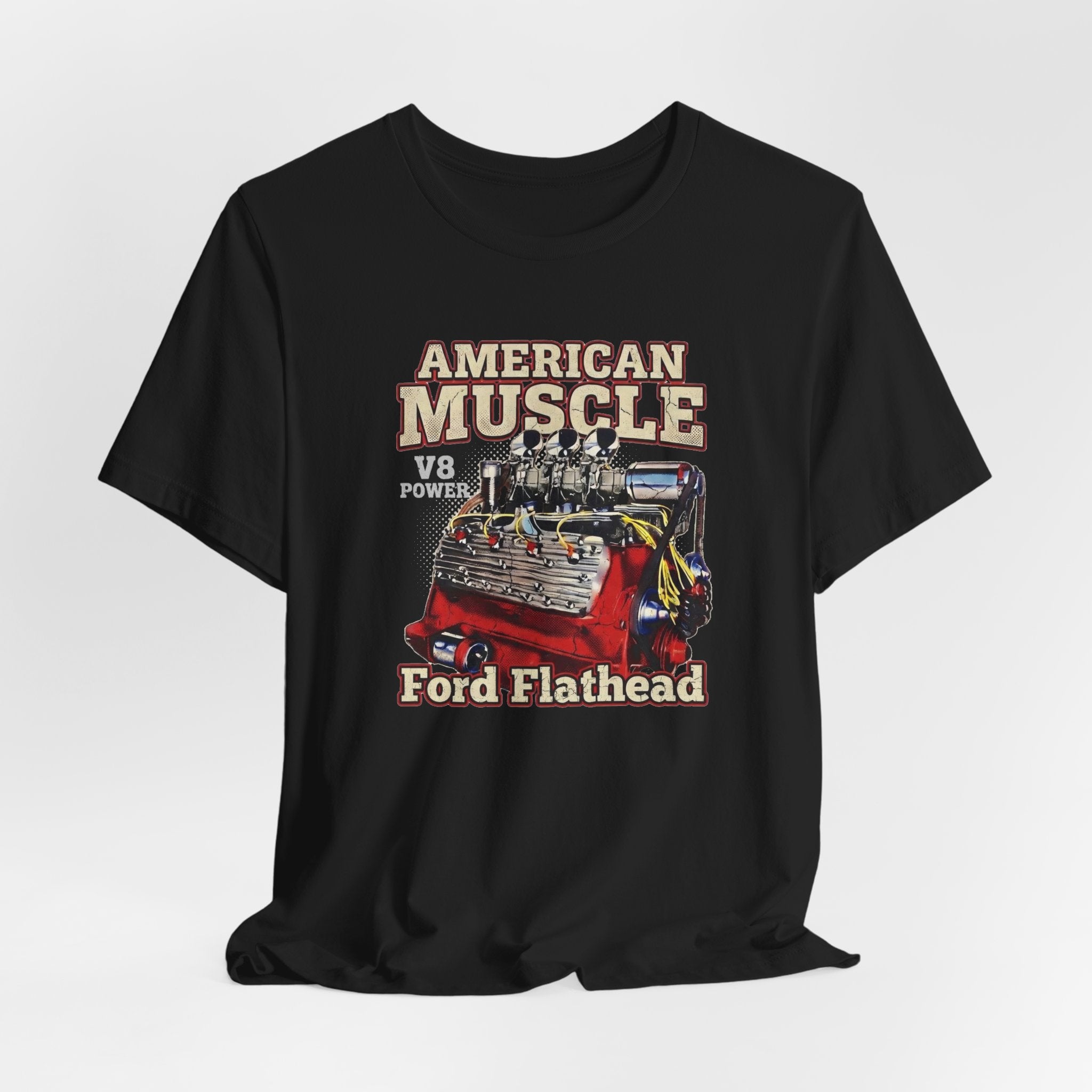Black t-shirt with 'American Muscle' and 'Ford Flathead' graphic design on a white background