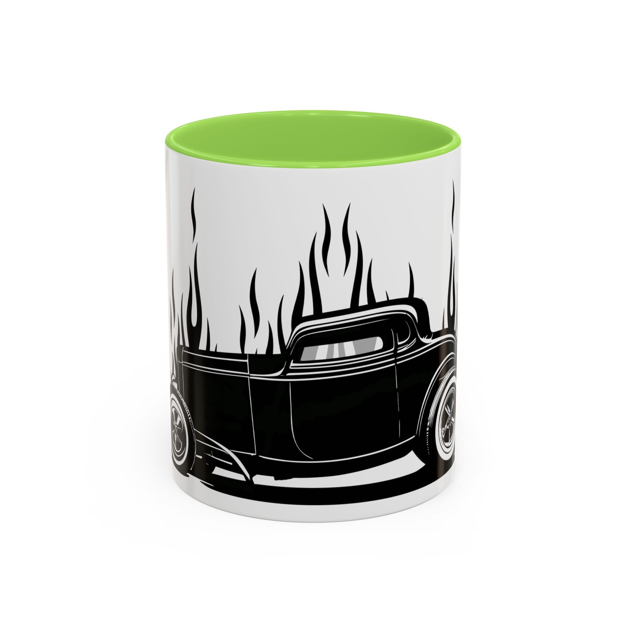 Mug with a black hot rod design and green interior on a white background