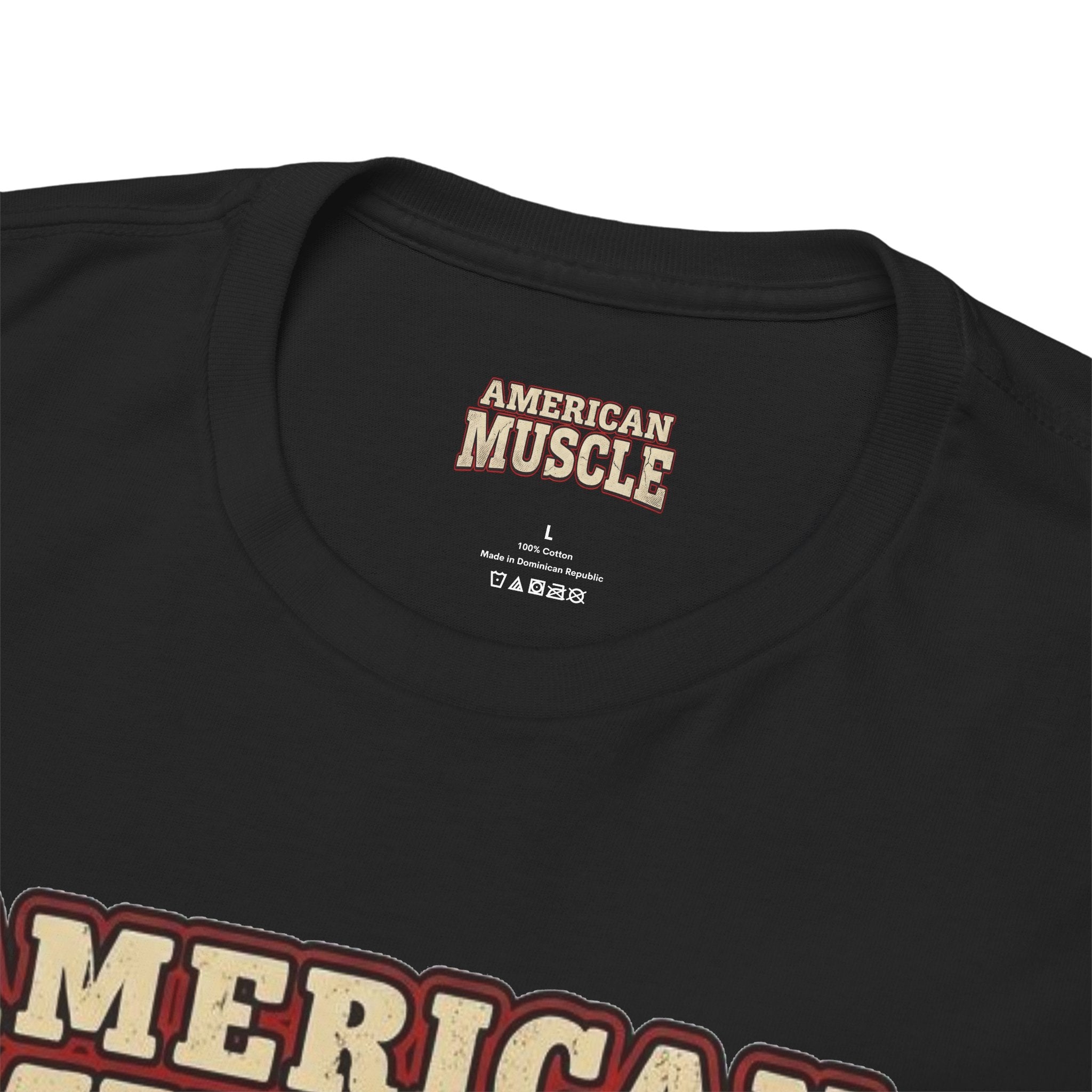 Black t-shirt with 'American Muscle' branding on a white background