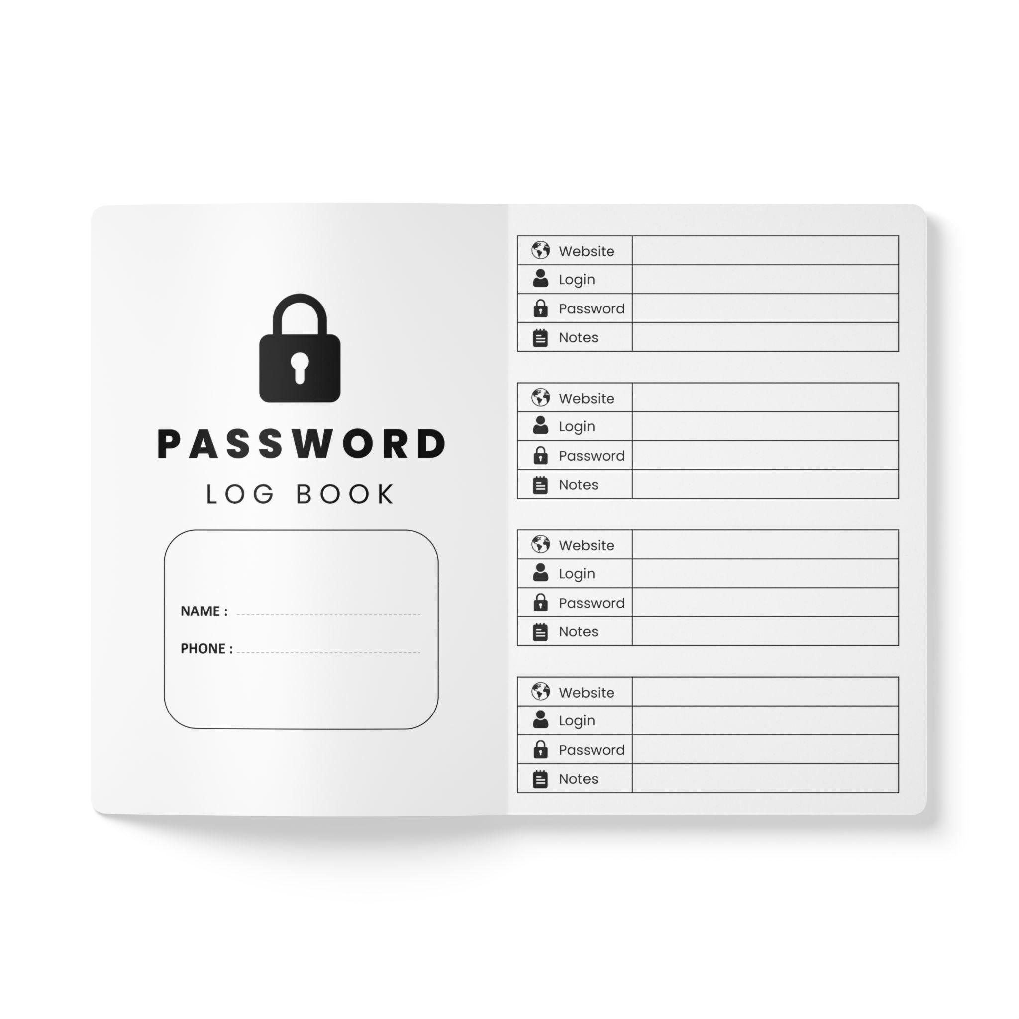 Open Angry Peacock Passwords Journal showing inner pages for website login details, name, and phone number