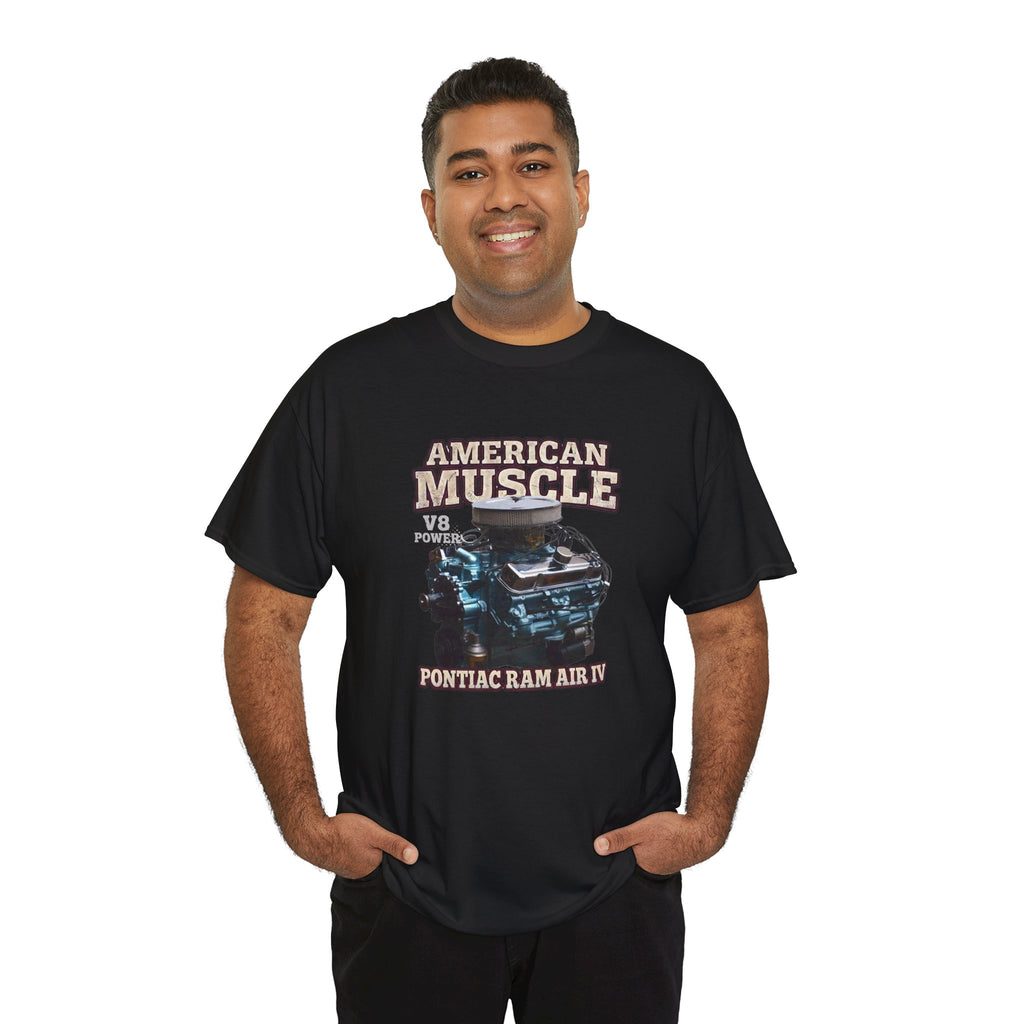 Man wearing a black t-shirt with 'American Muscle' graphic design on a white background