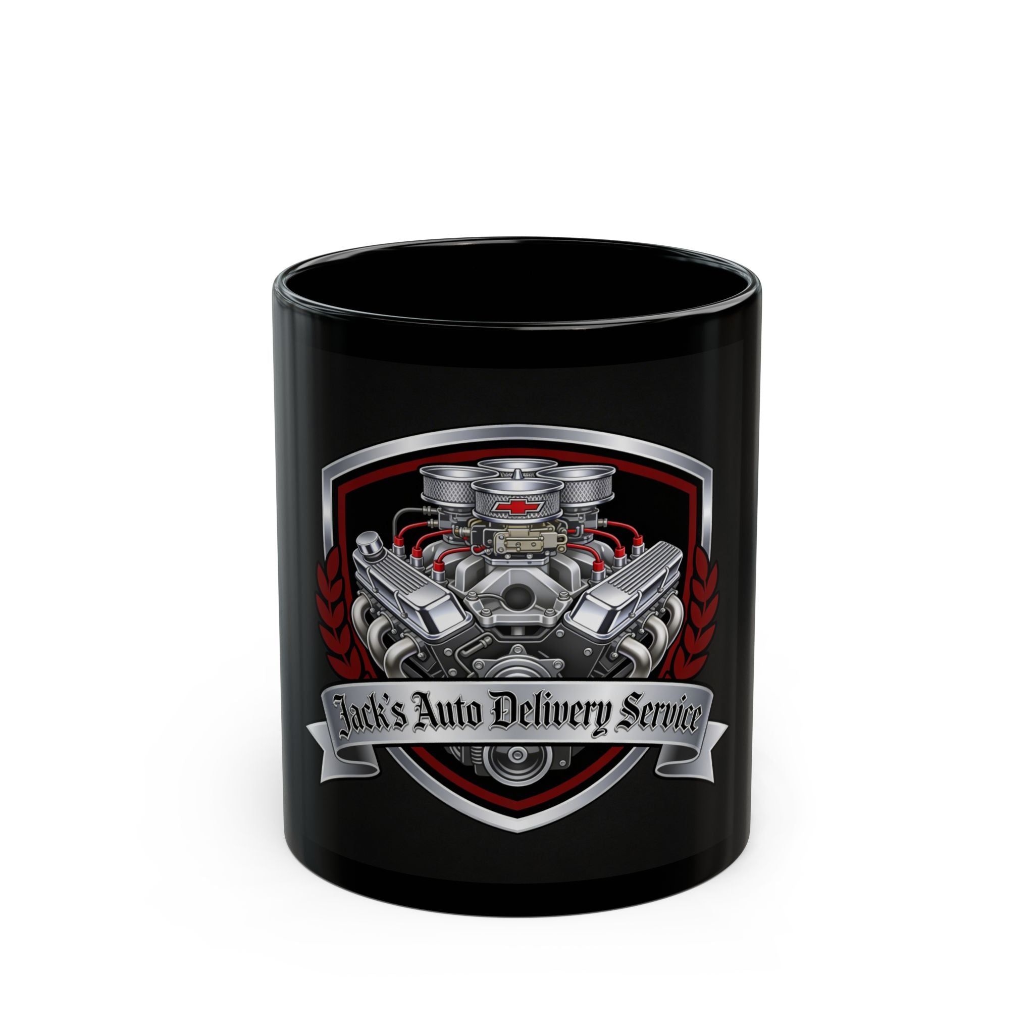 Car Mechanic Engine Shield Black Mug — "Jack's Auto Delivery Service" Coffee Cup (11oz, 15oz)