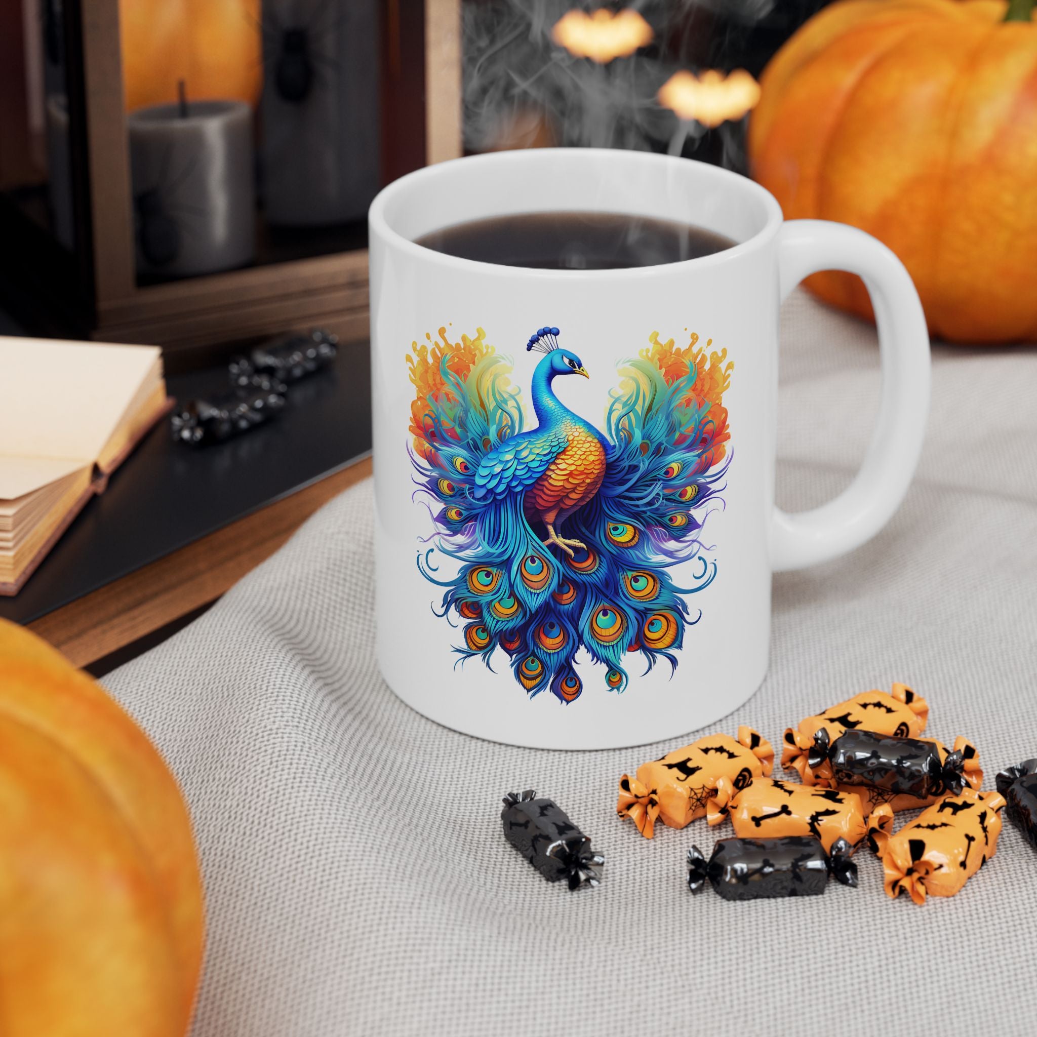 White mug with a colorful peacock design on a table with pumpkins and Halloween-themed treats.