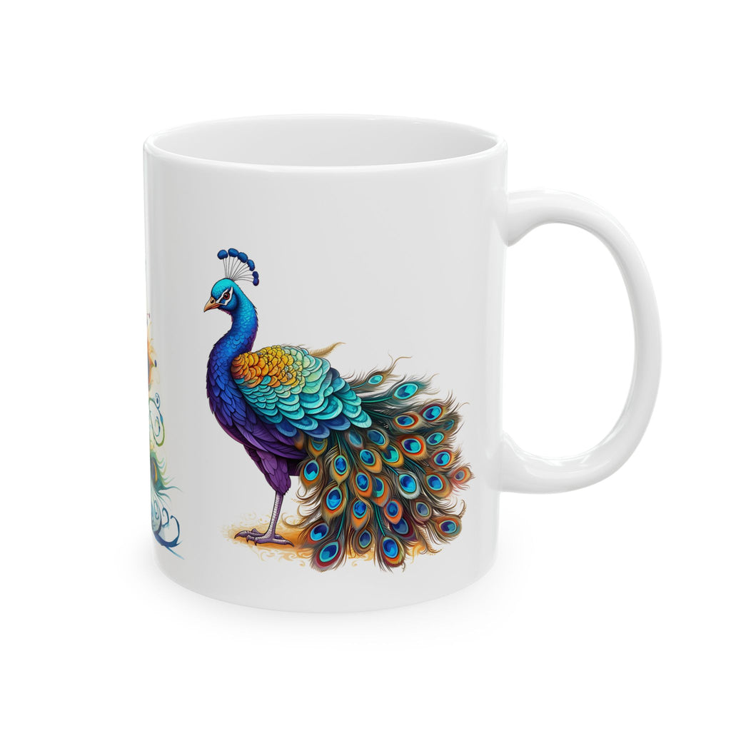 White ceramic peacock coffee mug featuring a colorful watercolor peacock with vibrant blue and green plumage.