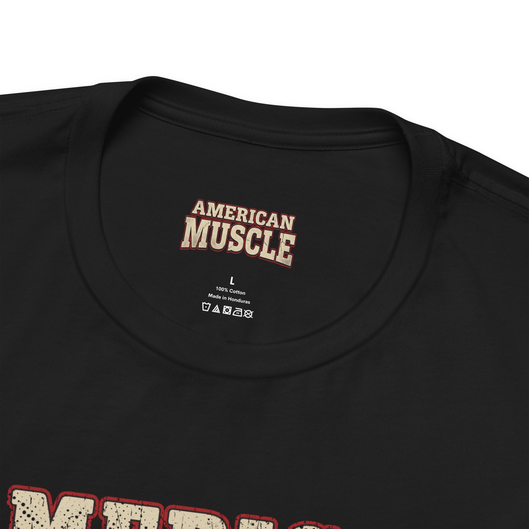 Black t-shirt with 'American Muscle' text on a white background