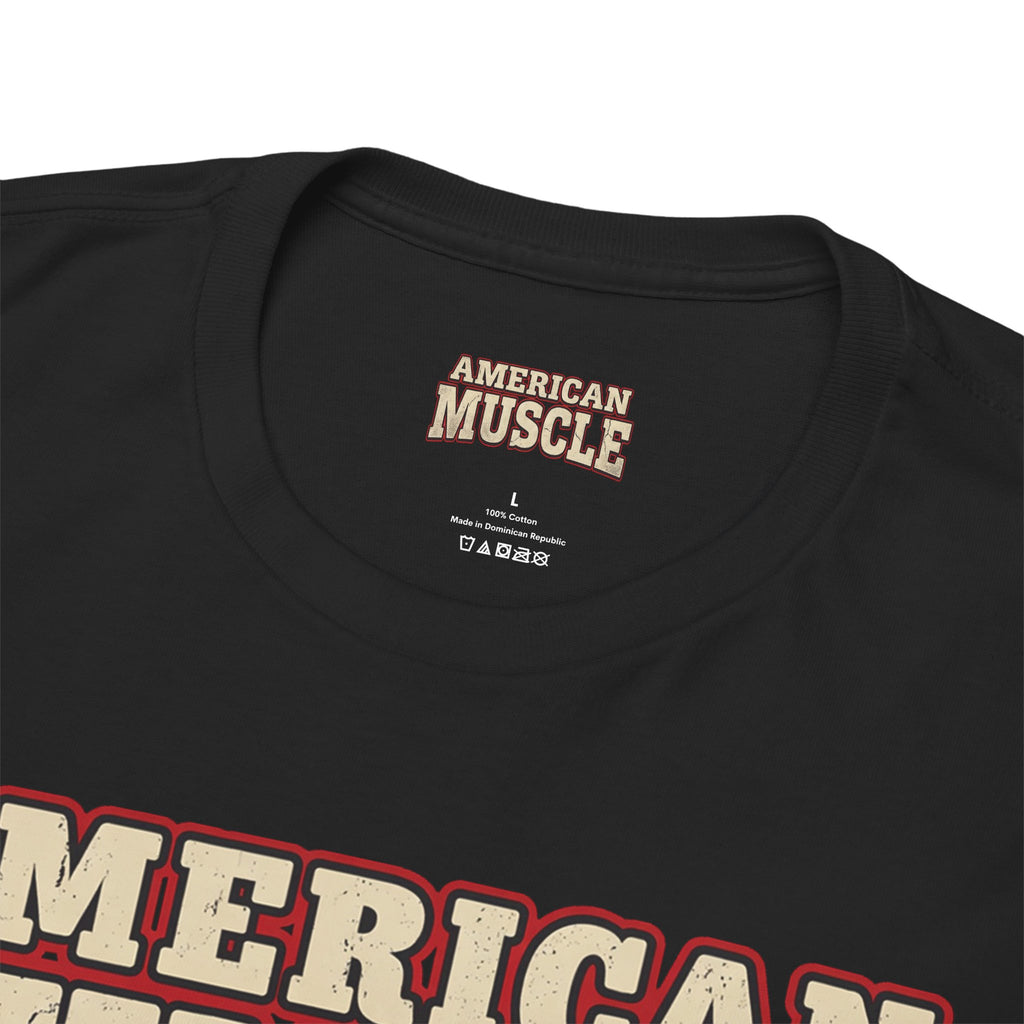 Black t-shirt with 'American Muscle' branding on a white background