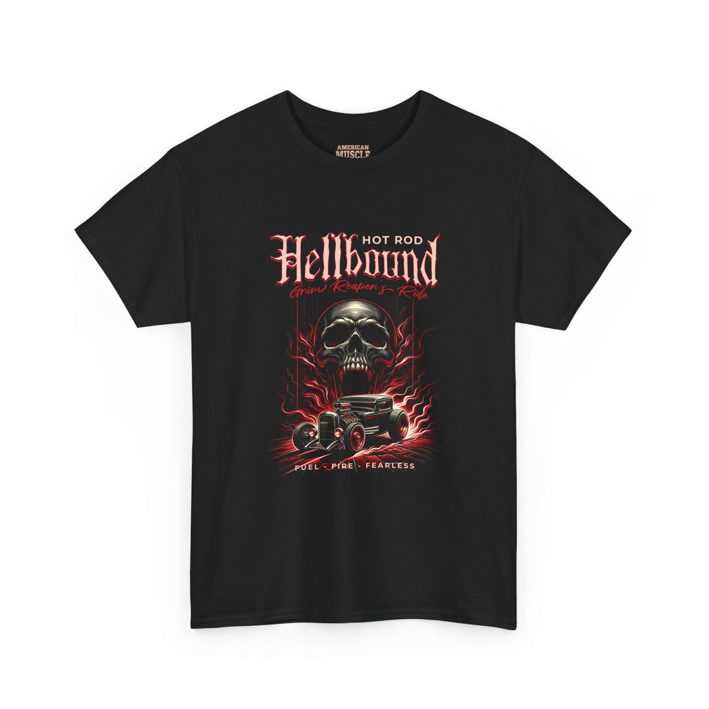 Black t-shirt with a graphic design featuring a skull and text on a white background