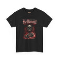 Black t-shirt with a graphic design featuring a skull and text on a white background