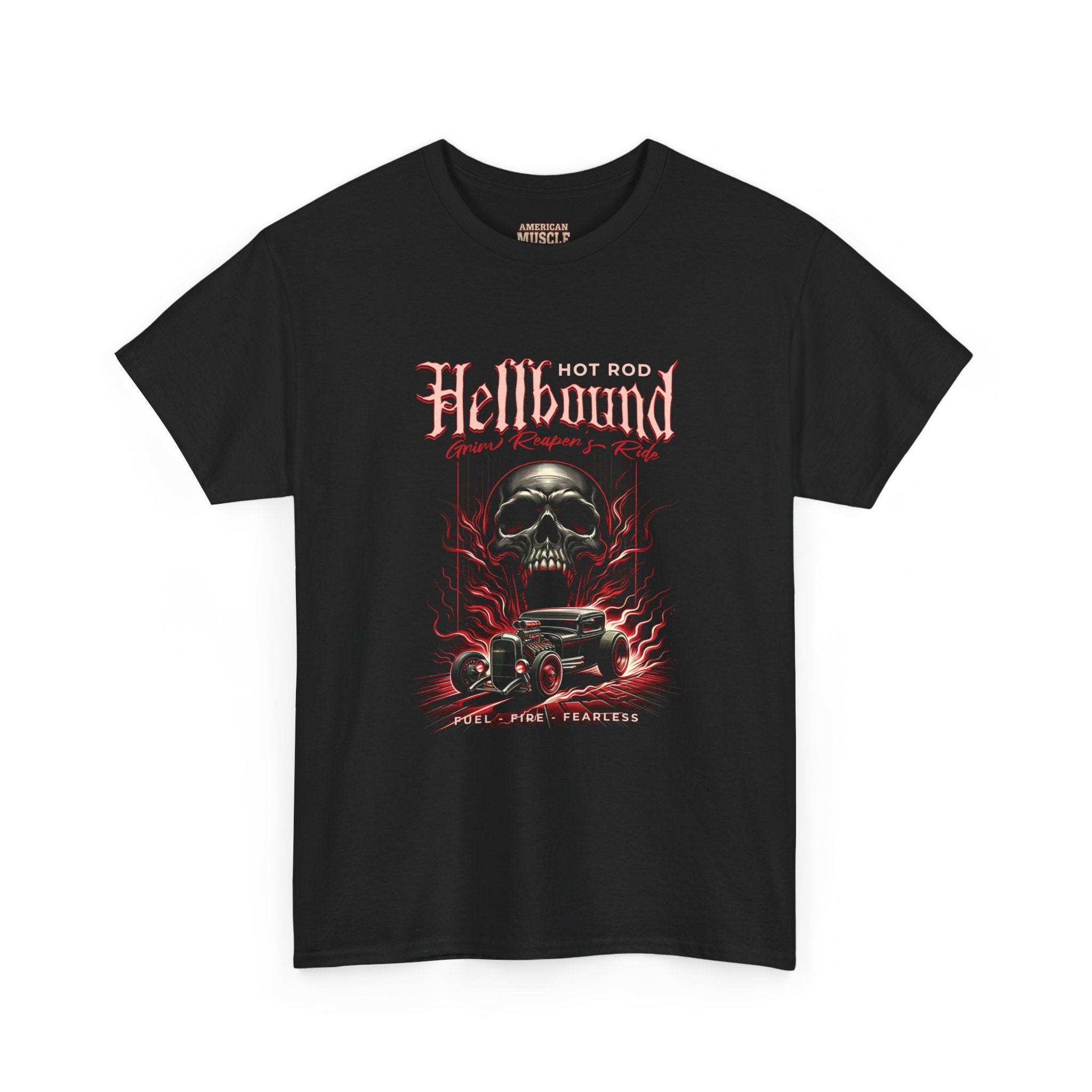 Black t-shirt with a graphic design featuring a skull and text on a white background