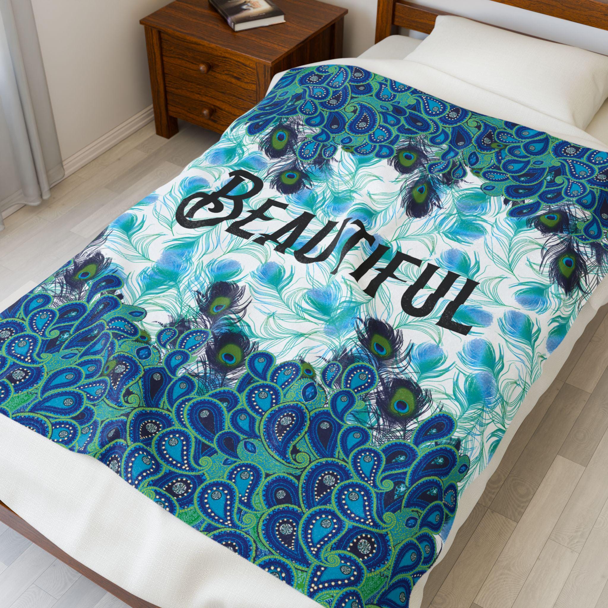 Personalized Peacock Feather Beautiful Velveteen Plush Blanket | Blue Teal Feather Pattern
