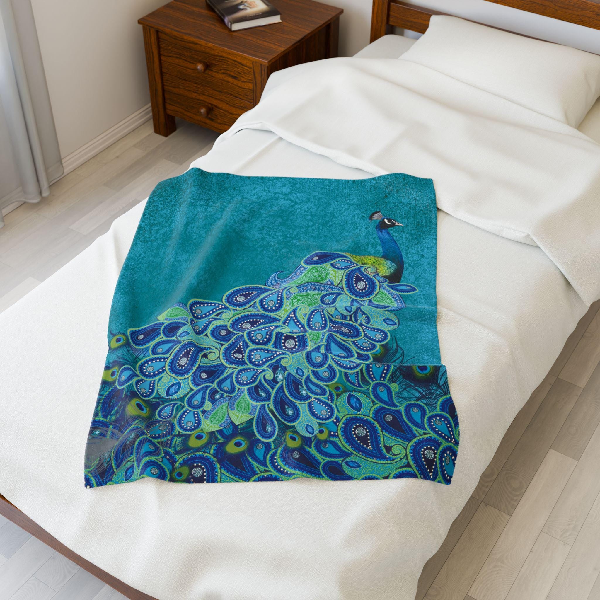 Blue Peacock Illustration Blanket | Decorative Animal Throw