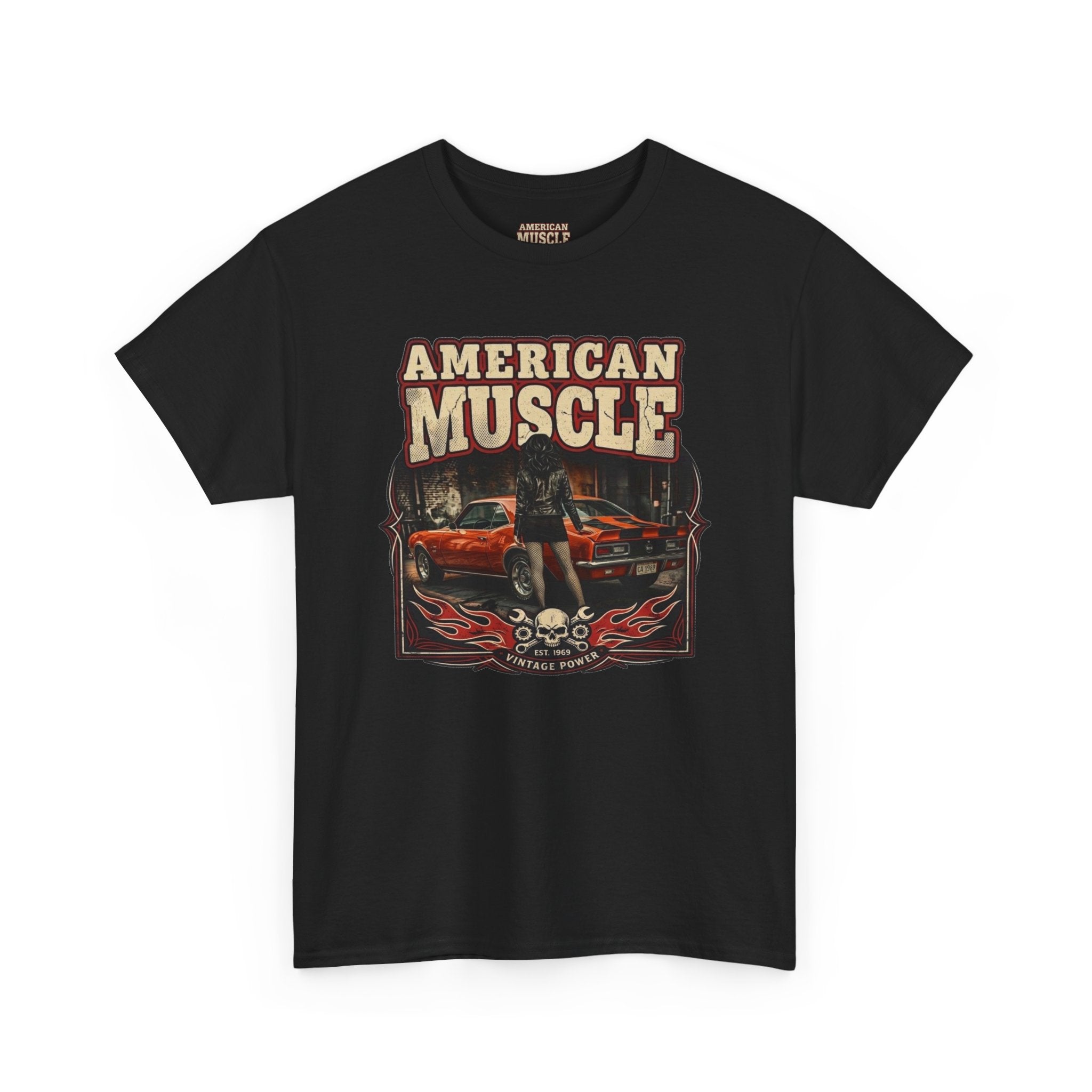 Black t-shirt with 'American Muscle' graphic design featuring a 1969 Chevy Camaro and skulls on a white background.
