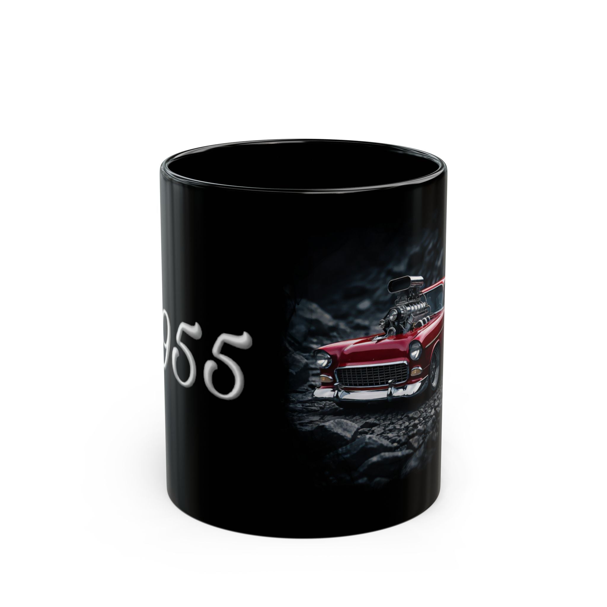 Black mug with a red car and '1955' text on a white background