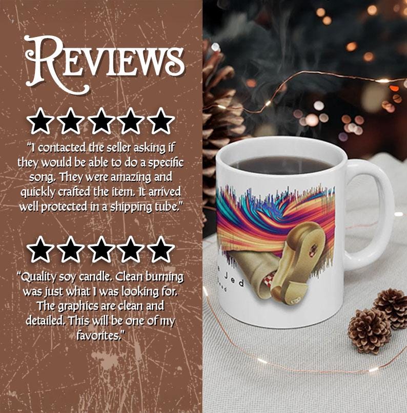 Mug with colorful design on a table with pine cones and lights, surrounded by five-star reviews.