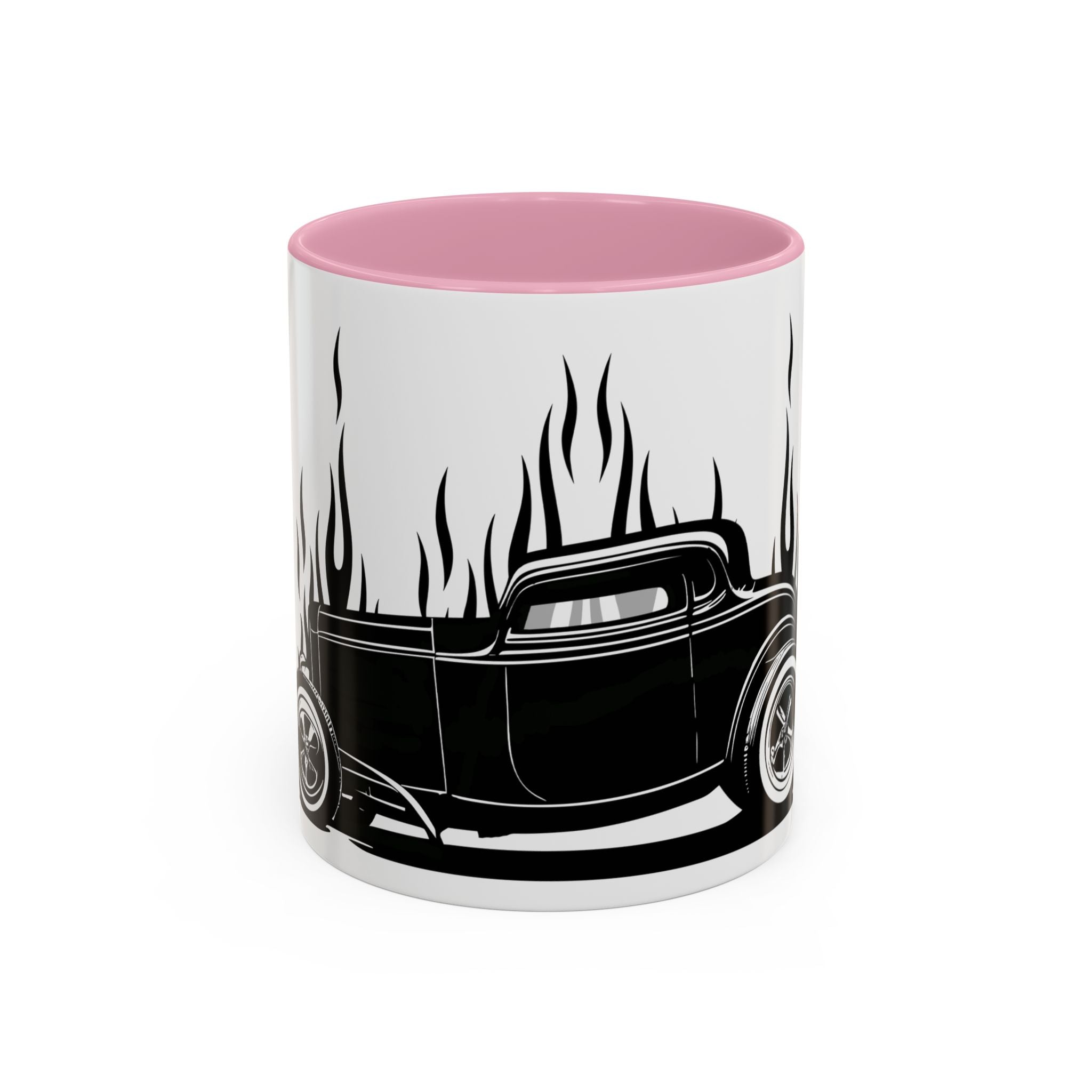 Mug with a black hot rod design and pink interior on a white background