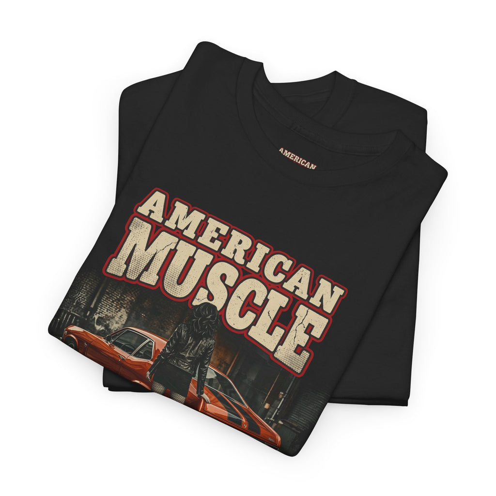 Black t-shirt with 'American Muscle' graphic design on a white background