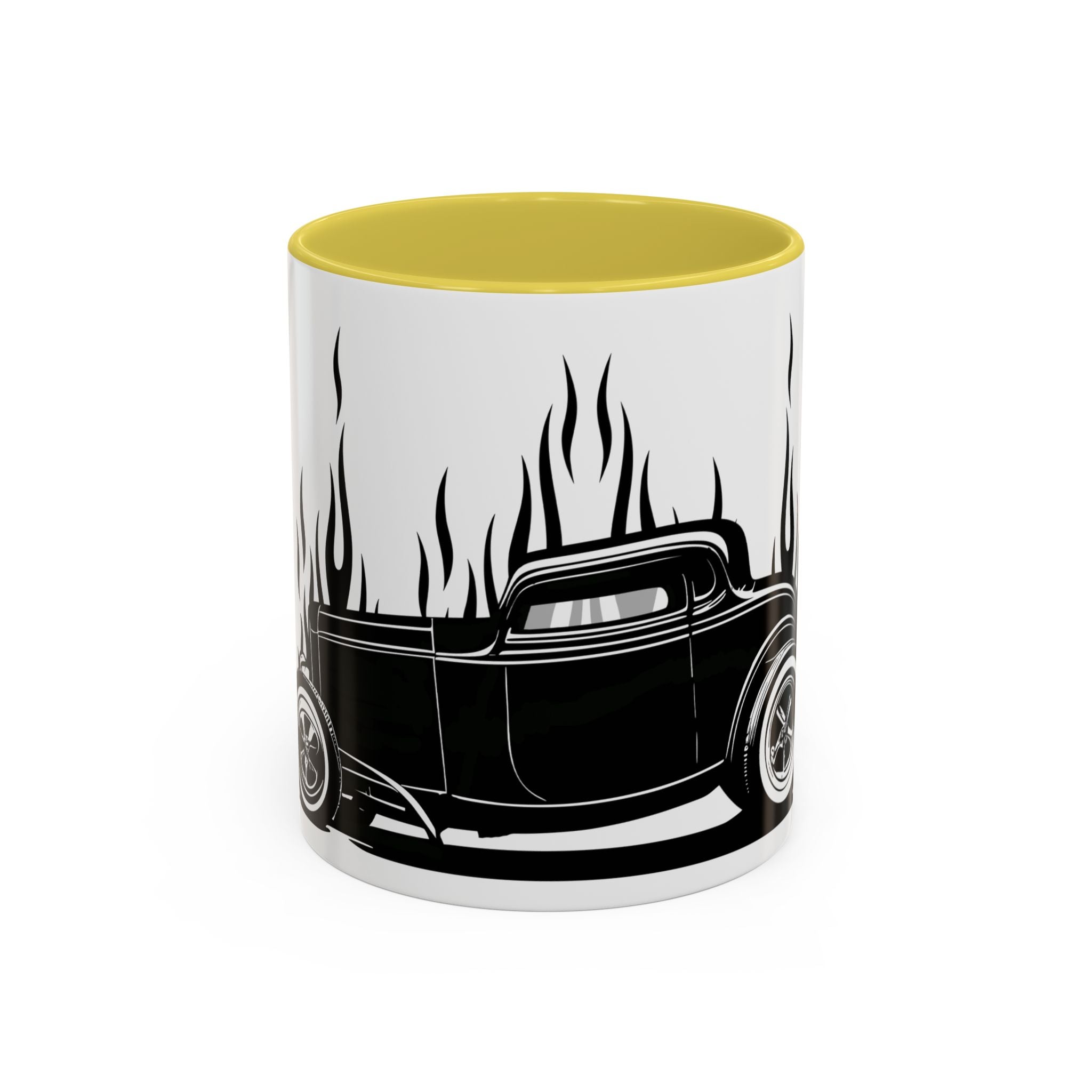 Mug with a black hot rod silhouette and flames design on a white background