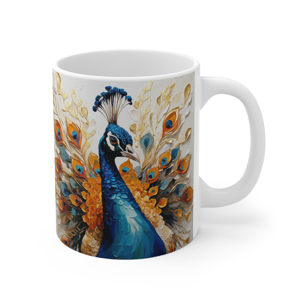 White mug with a peacock design on a white background