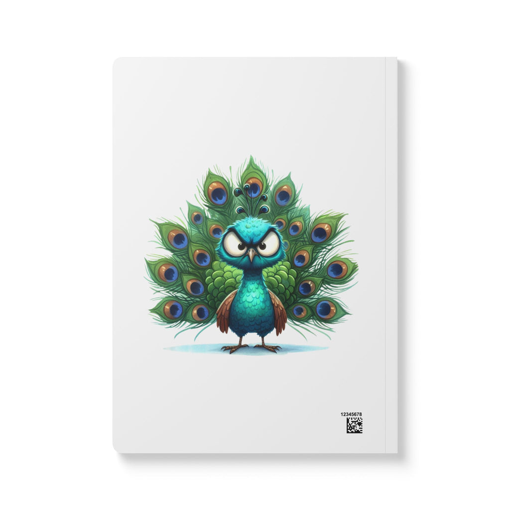 Softcover journal with an angry peacock illustration, blue body, flared green and blue feathers, and narrow eyes
