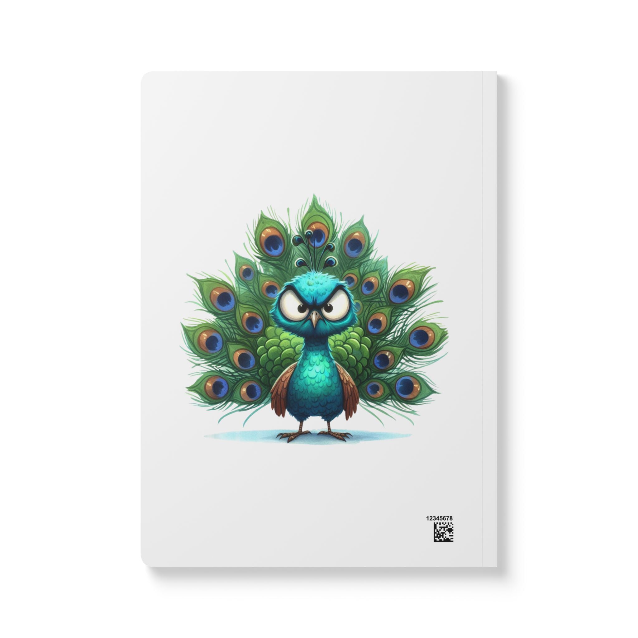 Softcover journal with an angry peacock illustration, blue body, flared green and blue feathers, and narrow eyes