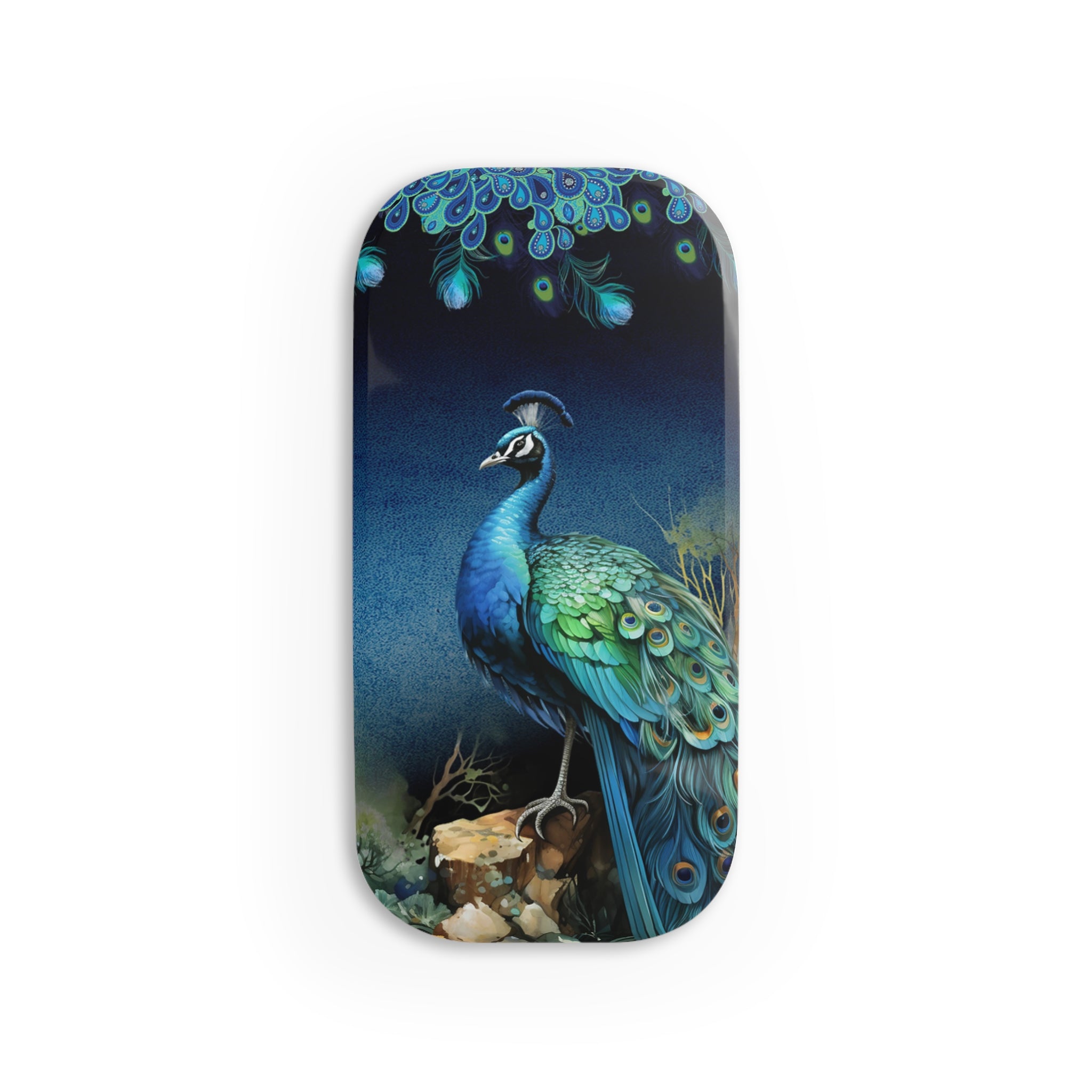 Phone case with a peacock design on a white background