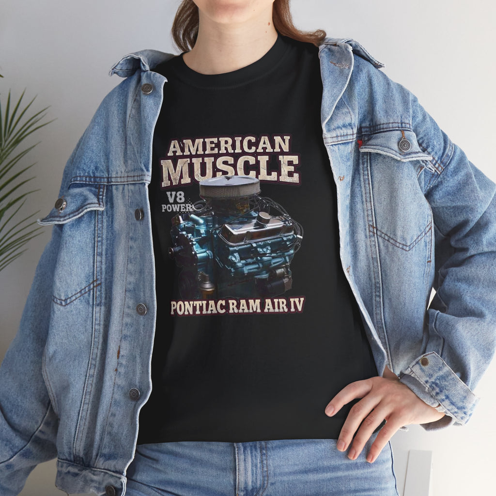 Person wearing a black t-shirt with 'American Muscle' graphic and denim jacket.