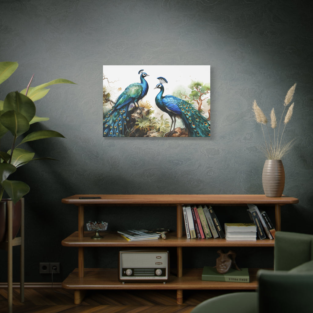 Peacock Pair Matte Stretched Canvas Wall Art — Tropical Blue Bird Print