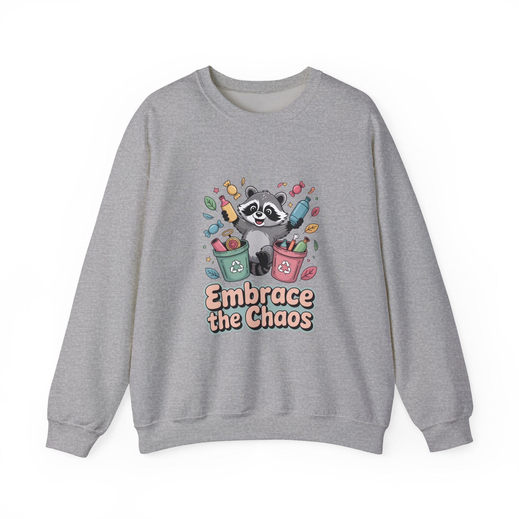 Gray sweatshirt with a raccoon graphic and 'Embrace the Chaos' text on a white background