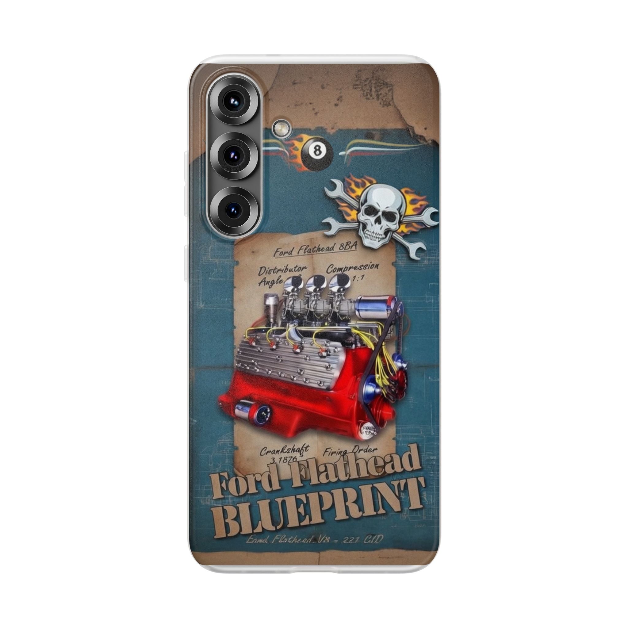 Vintage Hot Rod Engine Phone Case — Ford Flathead Blueprint Design