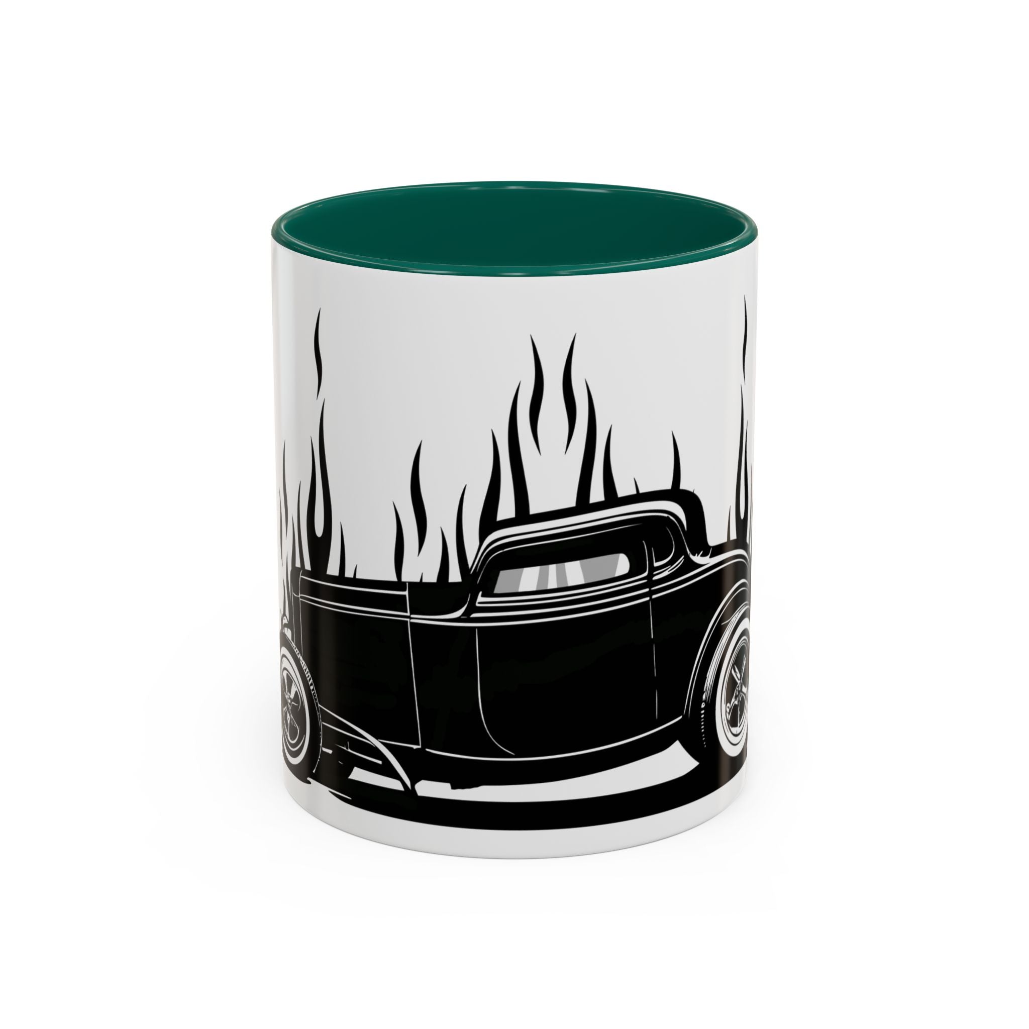 Mug with a black hot rod silhouette and flames design on a white background