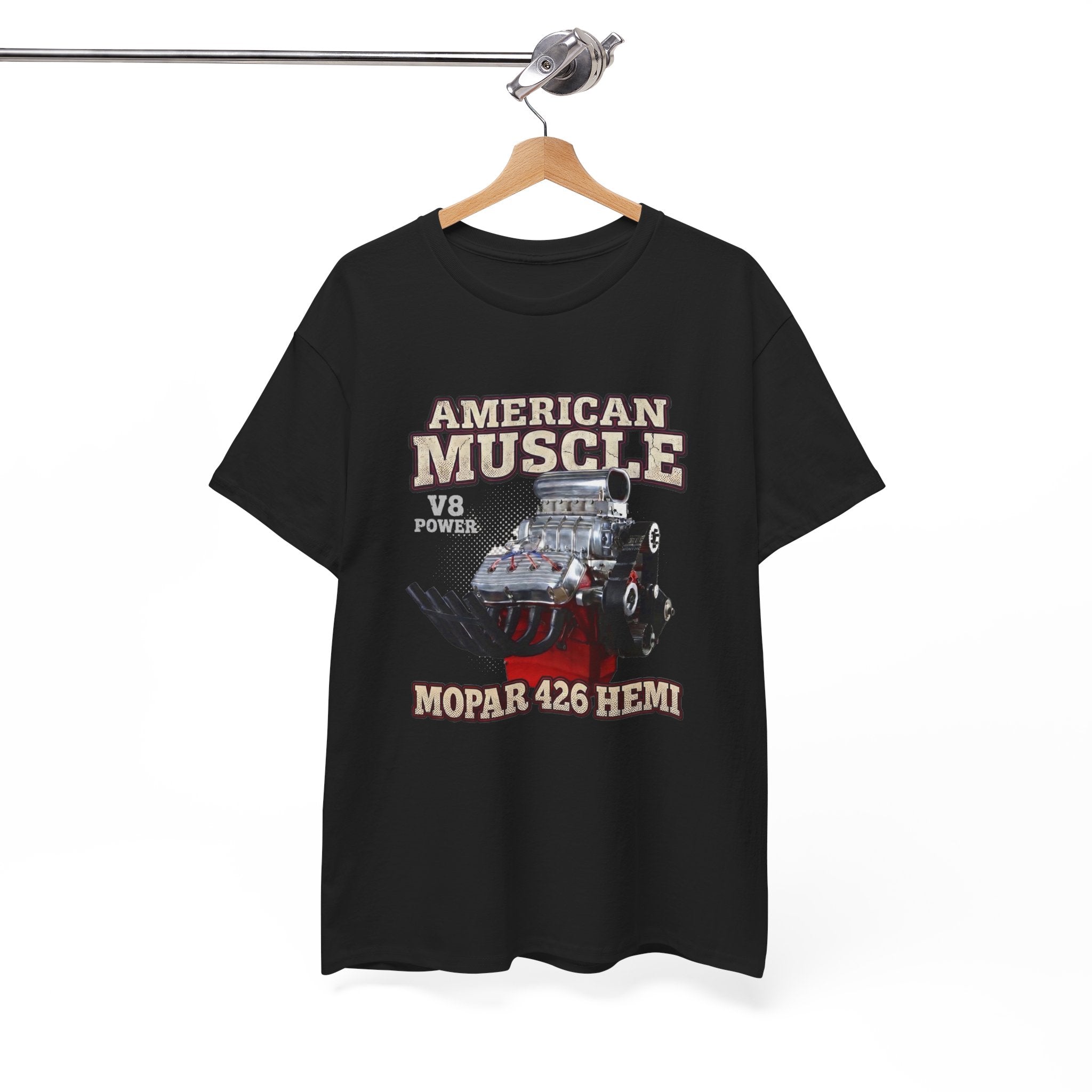 Black t-shirt with 'American Muscle' graphic on a hanger against a white background