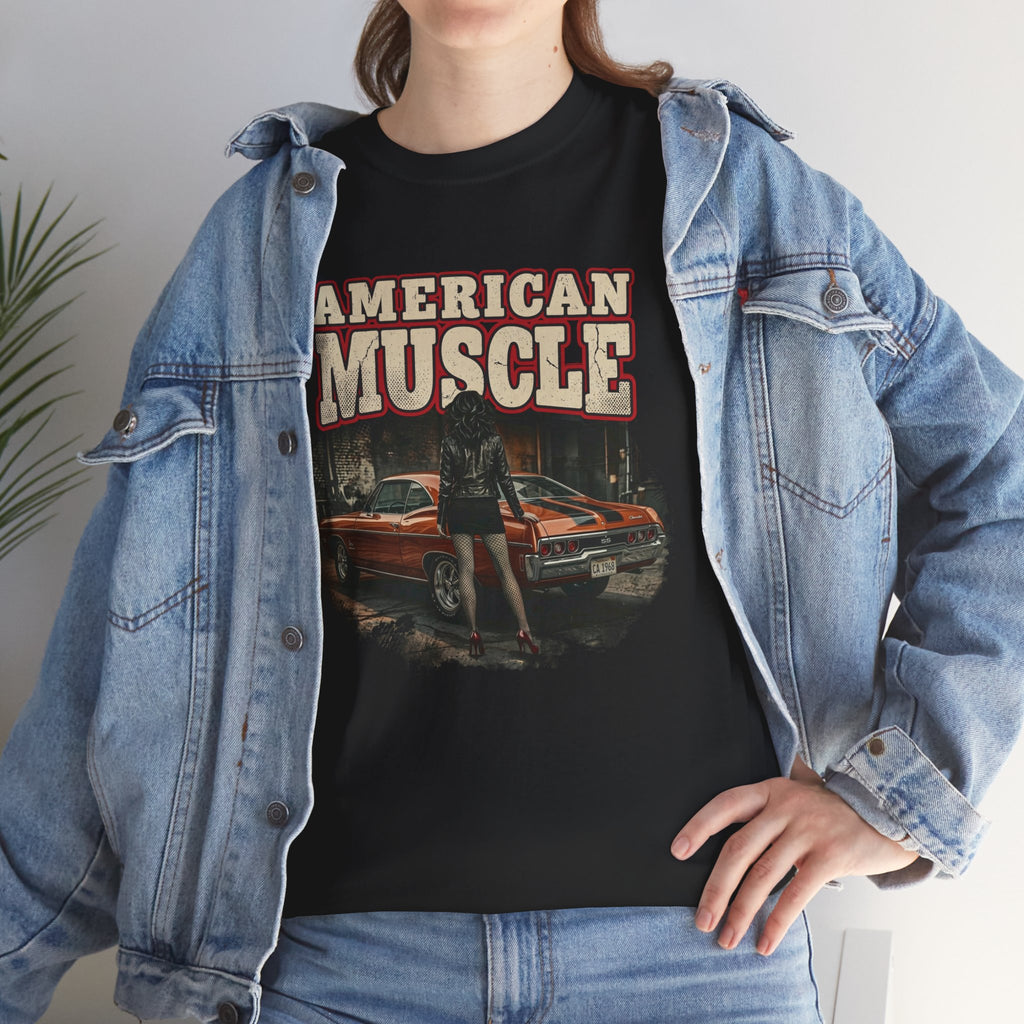 Person wearing a black t-shirt with 'American Muscle' graphic design, paired with a denim jacket.