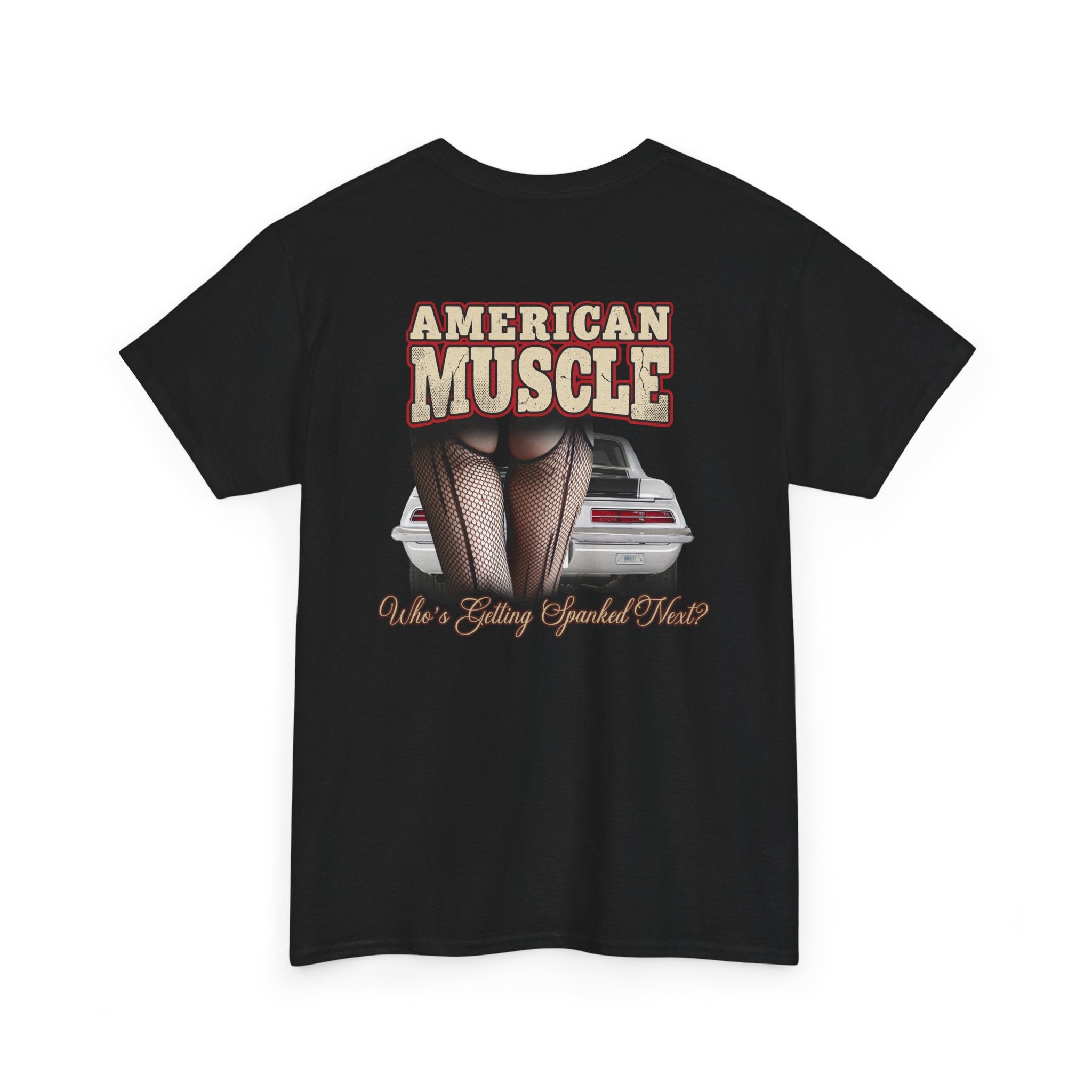 Black t-shirt with 'American Muscle' graphic design featuring a car and woman in fishnet stockings.