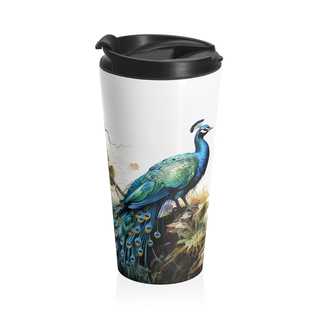 Peacock Stainless Steel Travel Mug — Vintage Botanical Blue Peafowl Design