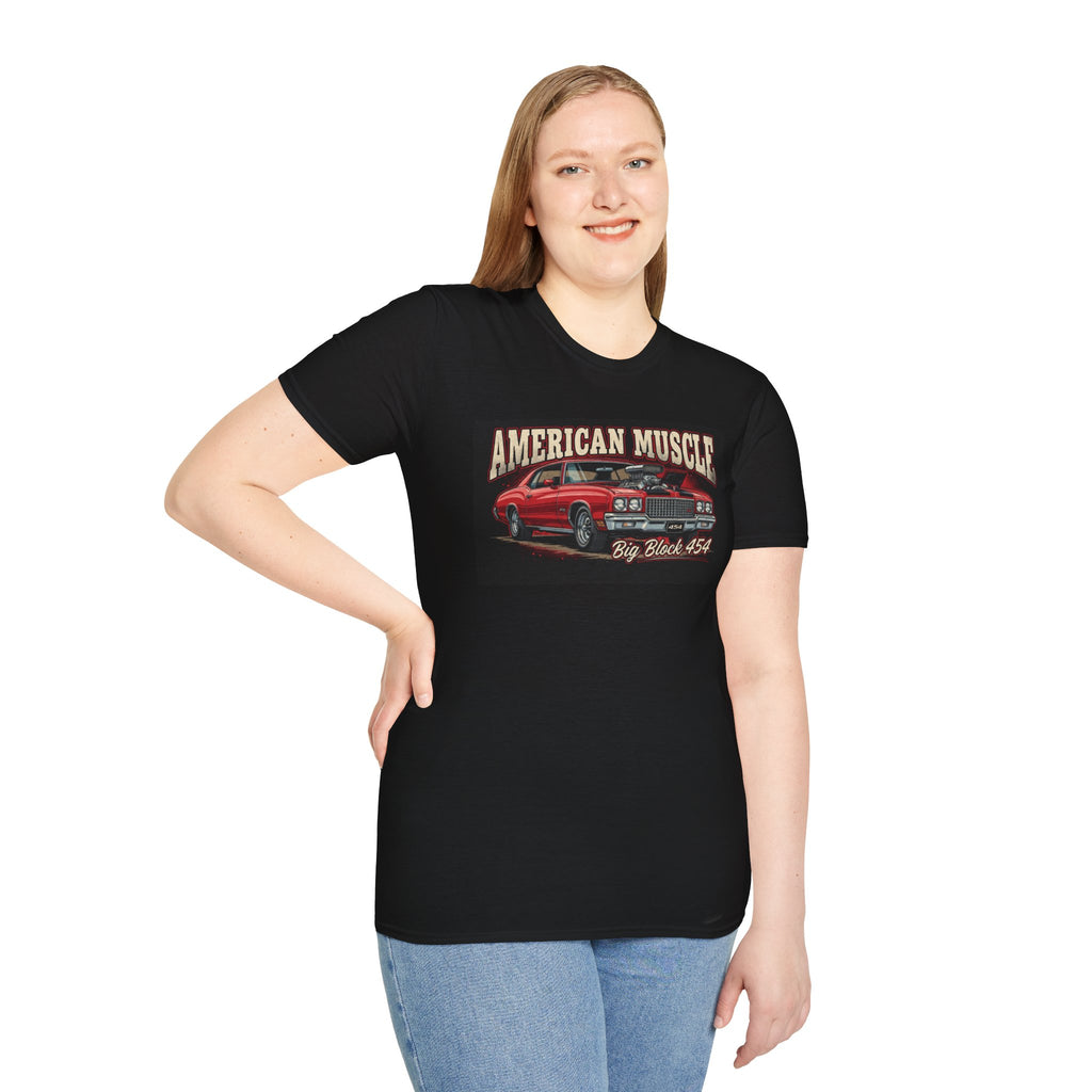 Person wearing a black t-shirt with a red and white graphic design on a white background
