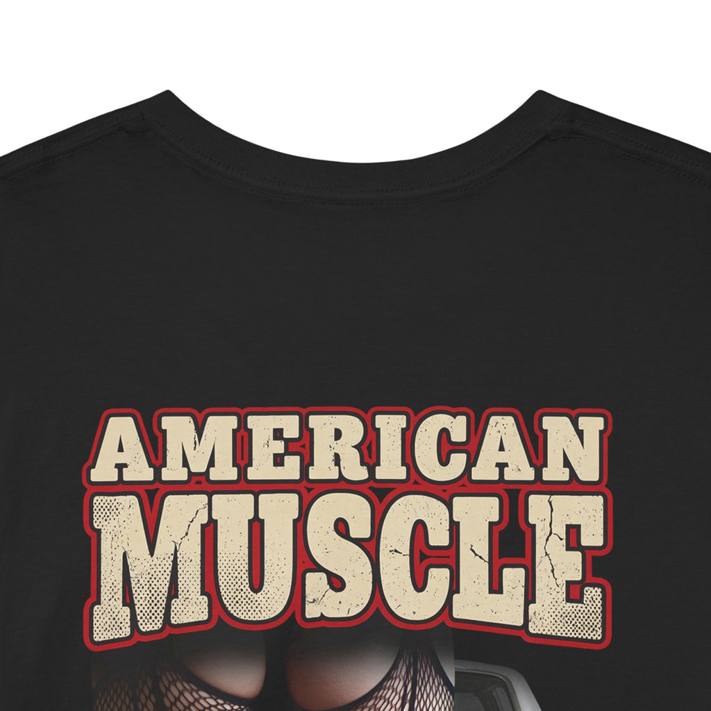 Black t-shirt with 'American Muscle' text design on a white background