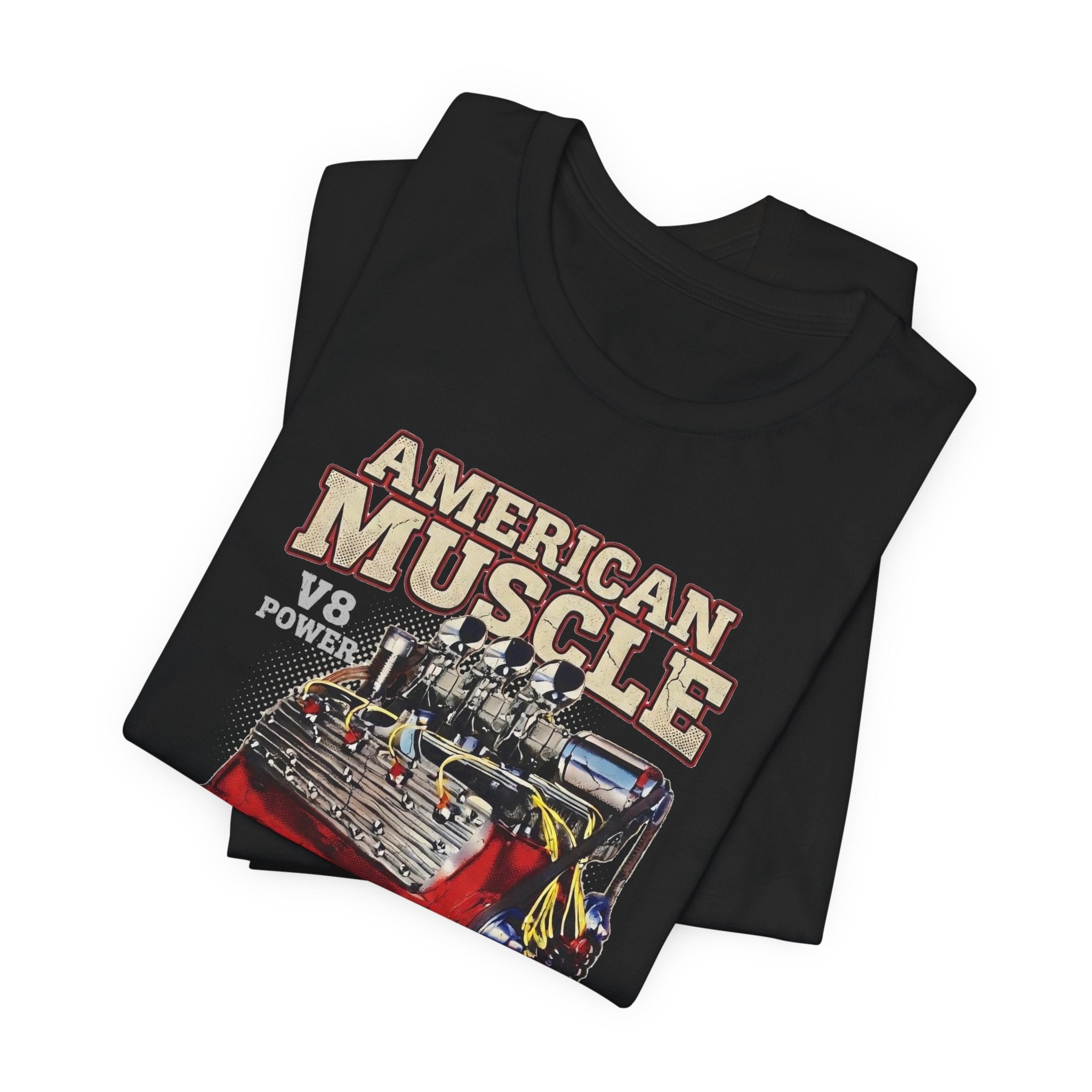 Person wearing a black t-shirt with 'American Muscle' and 'Ford Flathead' graphic design.