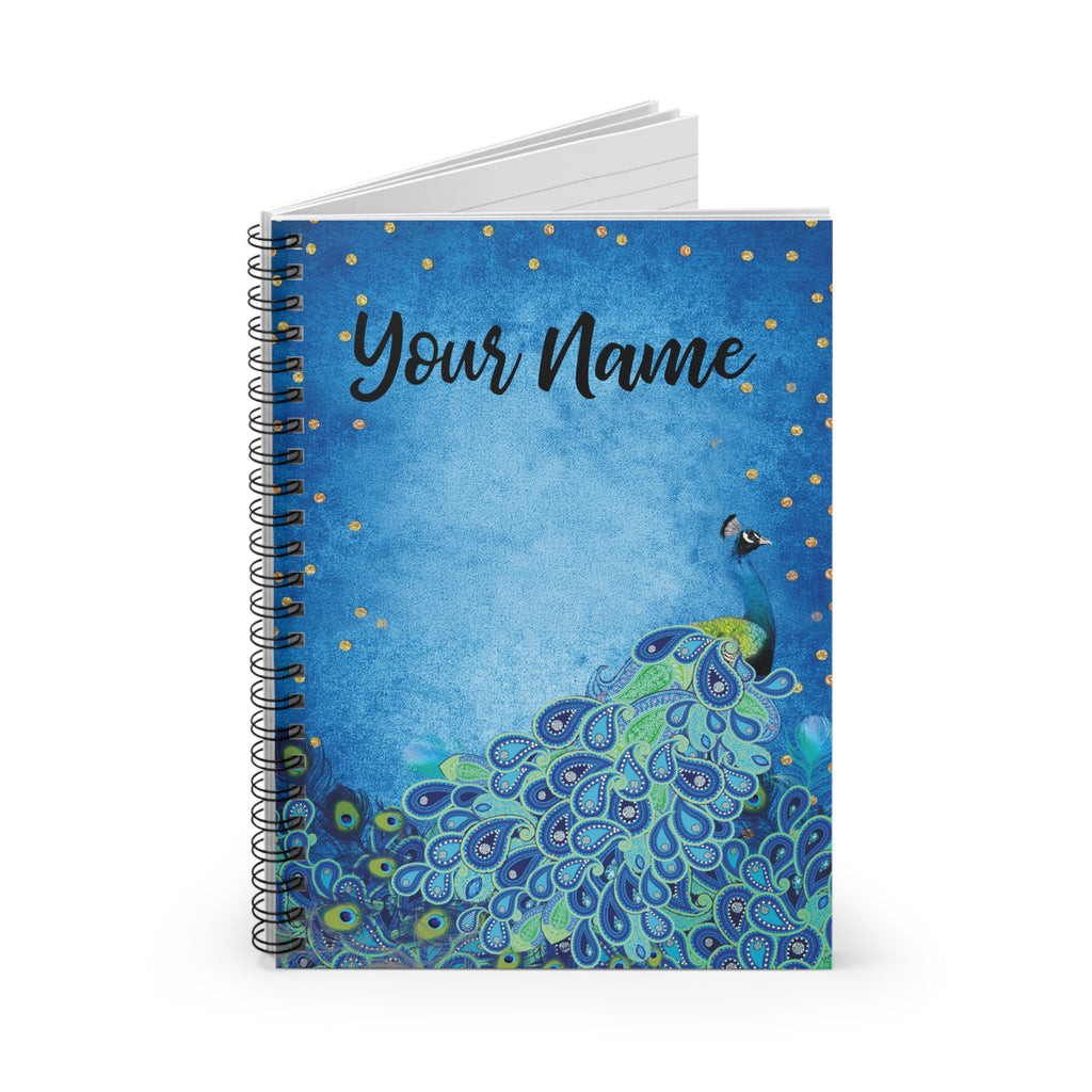 Notebook with peacock design and 'Your Name' text on a blue background
