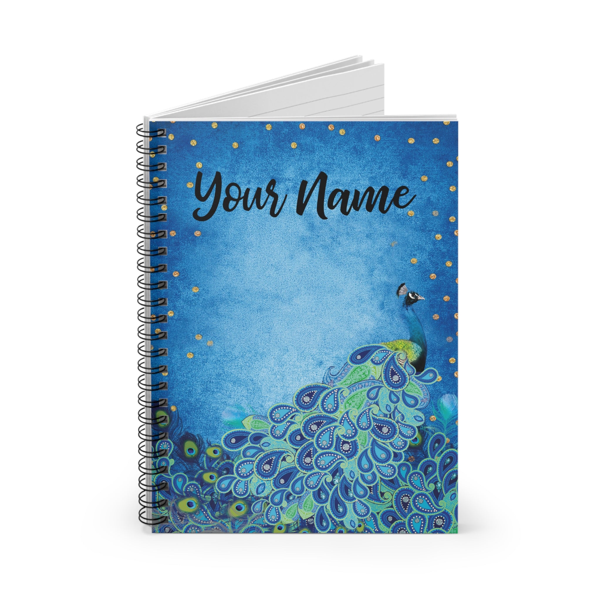 Notebook with peacock design and 'Your Name' text on a blue background