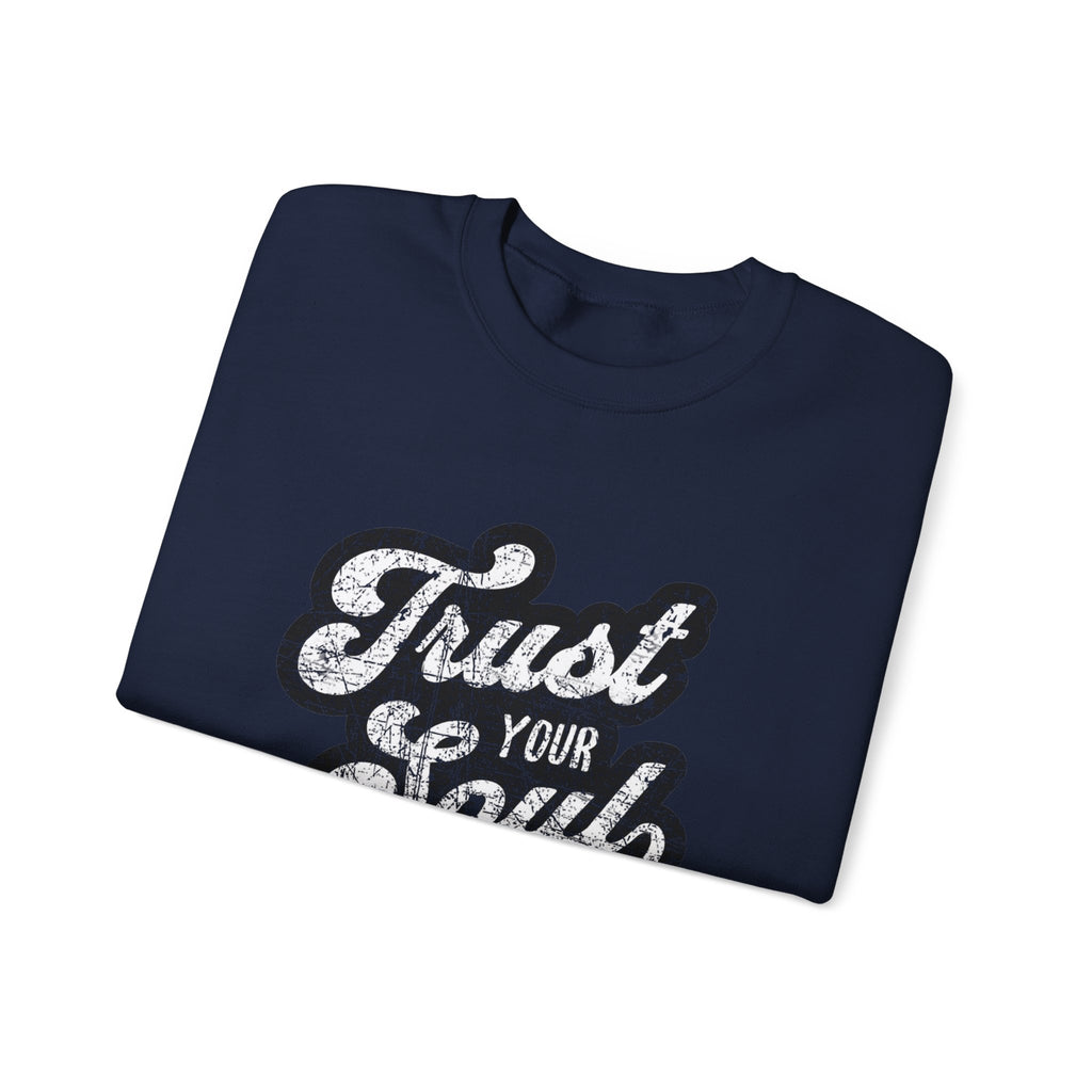 Folded navy blue "Trust Your Soul" unisex crewneck sweatshirt with distressed white text, ideal for cozy casual wear.