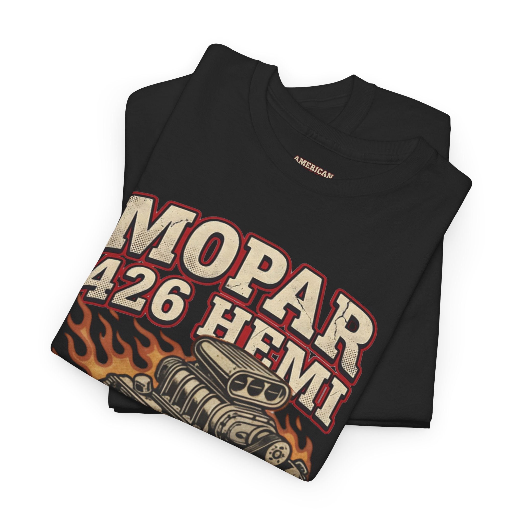 Folded black t-shirt with MOPAR 426 HEMI graphic on a white background
