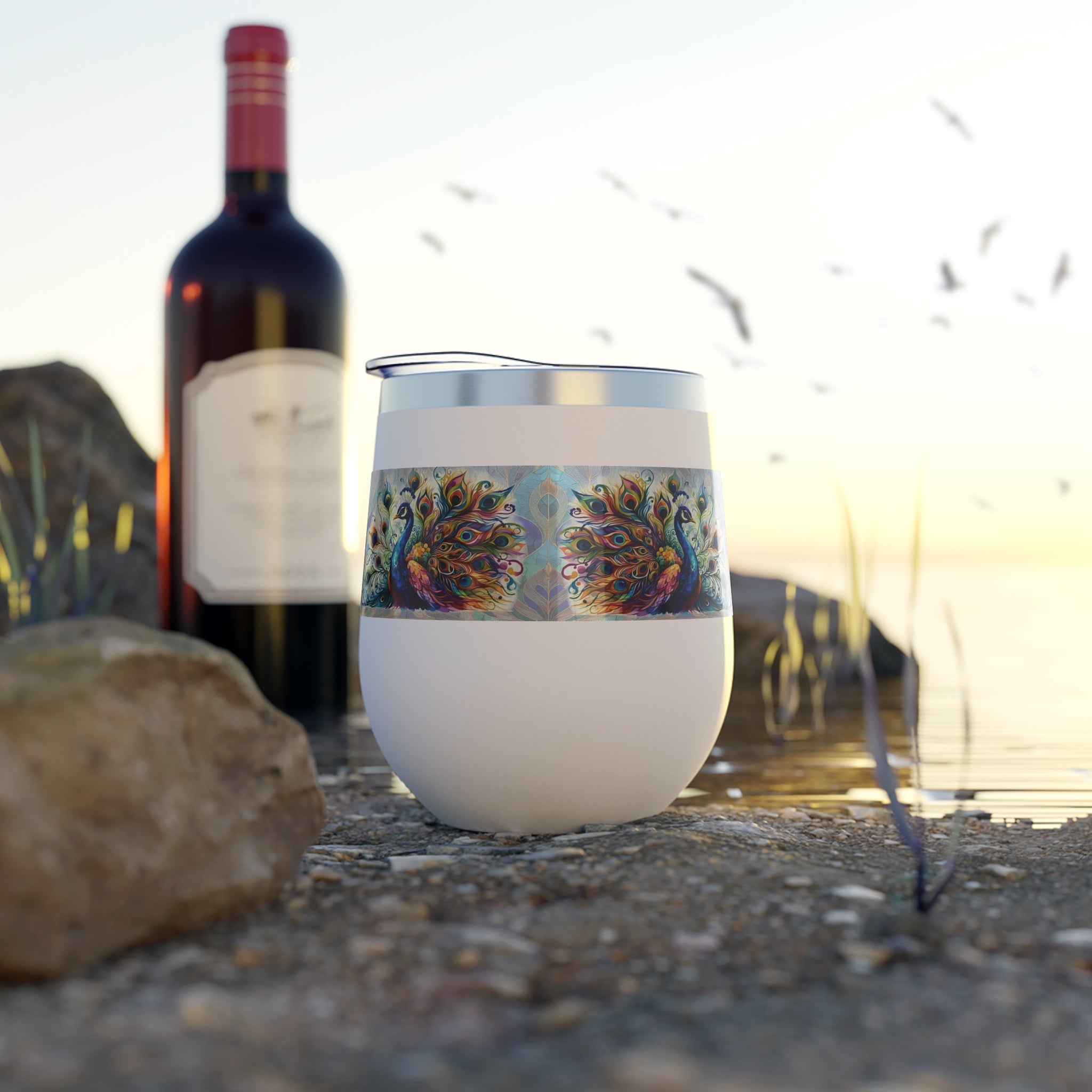 Wine glass with decorative band and bottle on a textured surface