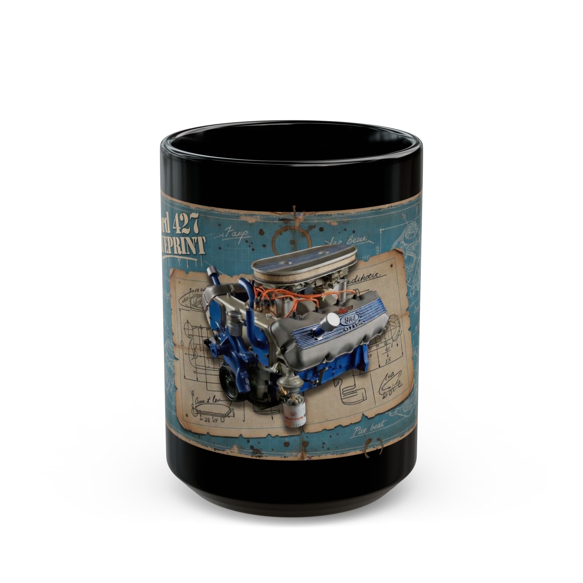 Ford 427 Engine Blueprint Black Mug