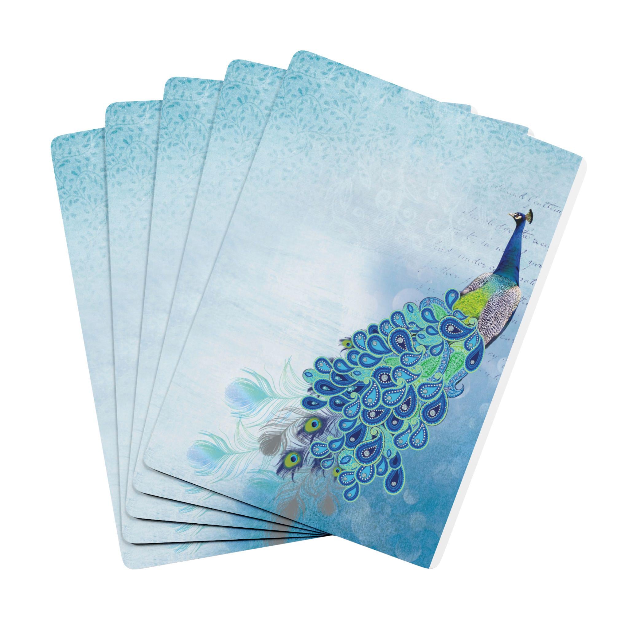 Five Peacock Poker Deck cards fanned out, showcasing a vibrant blue peacock design with green and teal tail feathers.