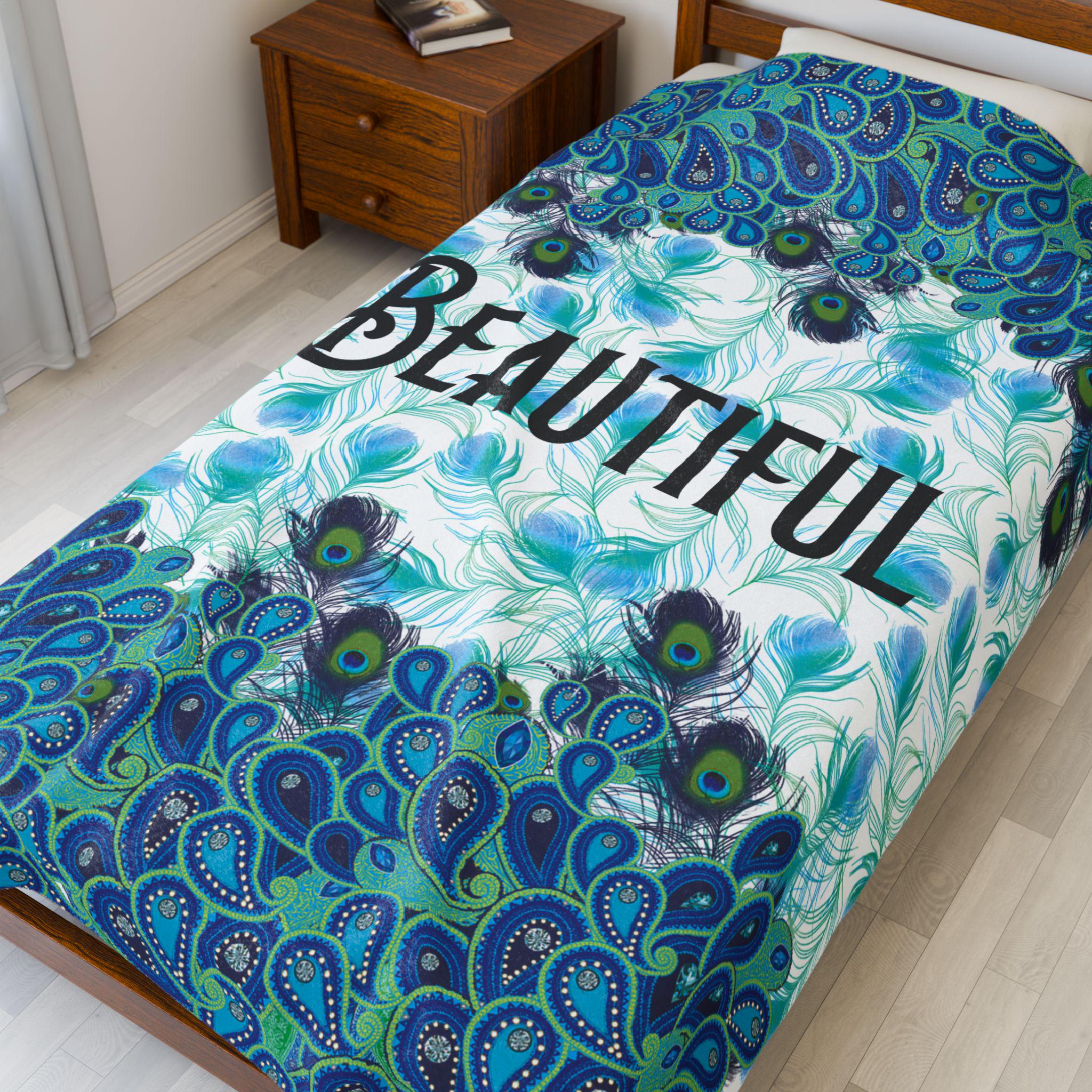 Personalized Peacock Feather Beautiful Velveteen Plush Blanket | Blue Teal Feather Pattern