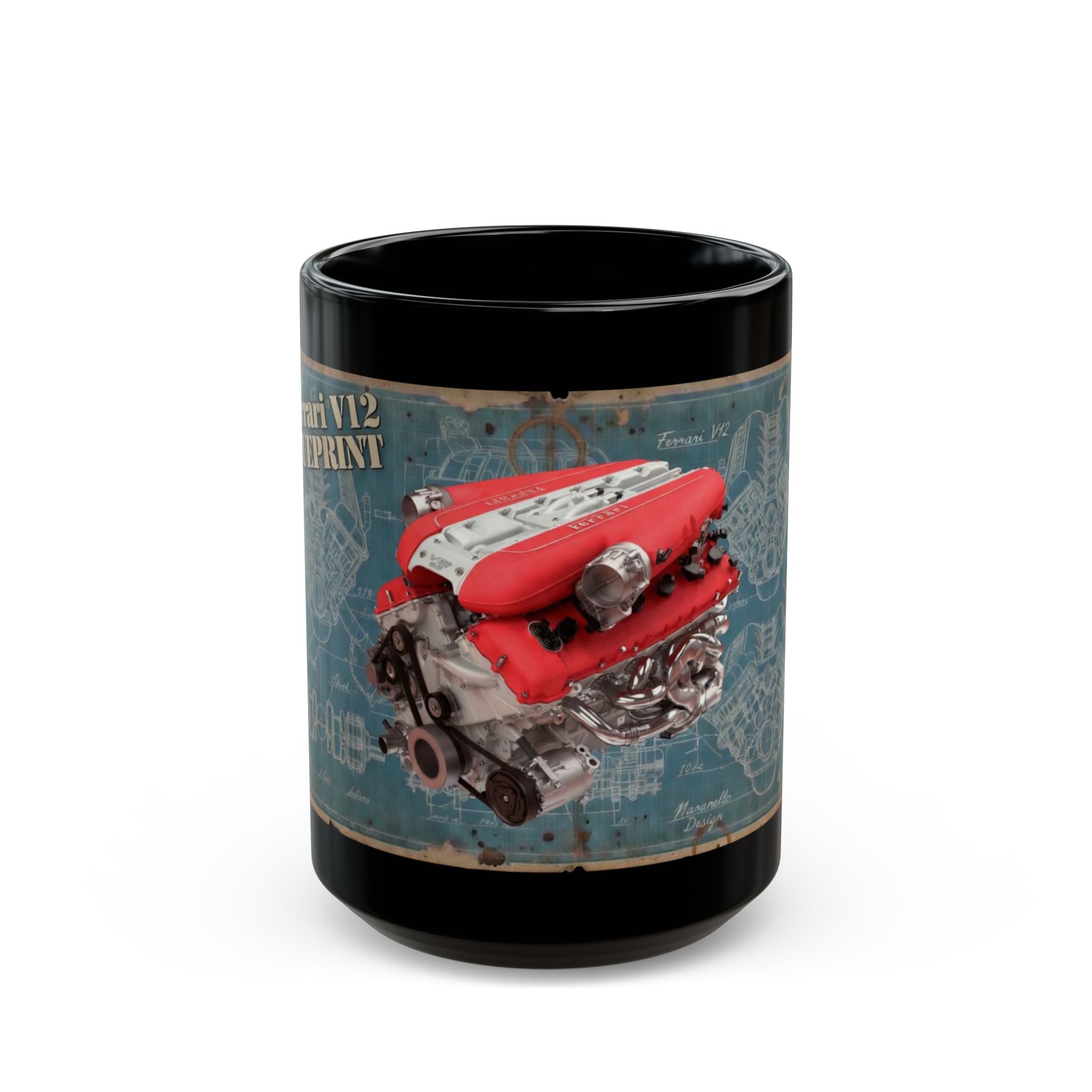 Guess the Engine - #5 Ferrari V12 Engine Blueprint Black Mug – Classic Car Mechanic Coffee Cup (11oz/15oz)