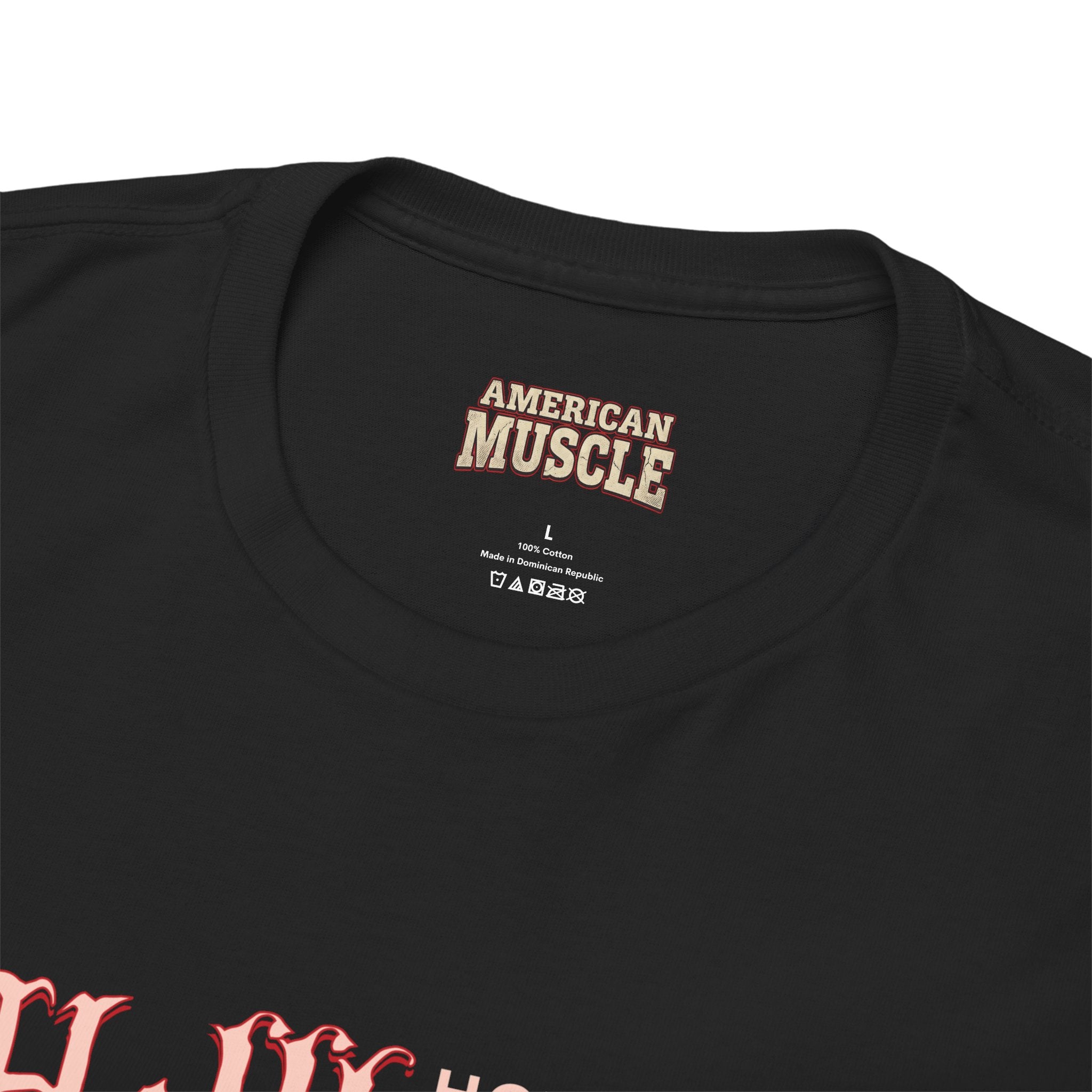 Black t-shirt with 'American Muscle' logo on a white background